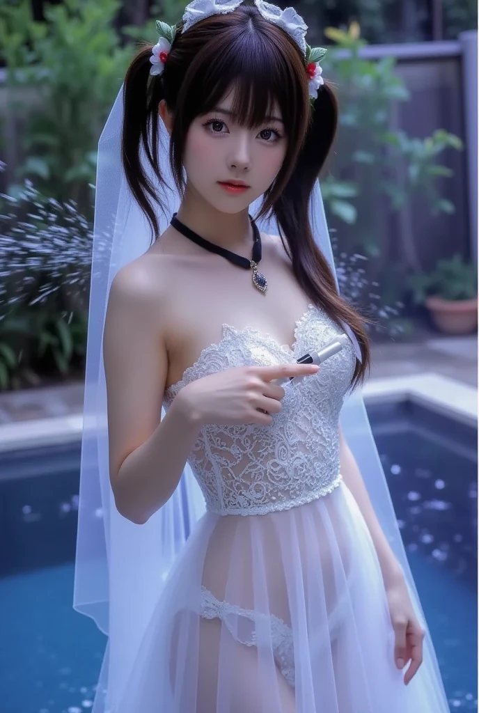 look up, 8K, masterpiece, Most detailed, Highest quality,, create a sense of fit, Cute Girls,Side Tail, (Wet),Sun light,((wedding)),pubic hair,Veil,(((bride))),((show off)),(ふっくらとしたNipples),Ecstatic expression,Outdoor,White lace,Nipples,Ample breasts,Saggy breasts,Hime cut,One female