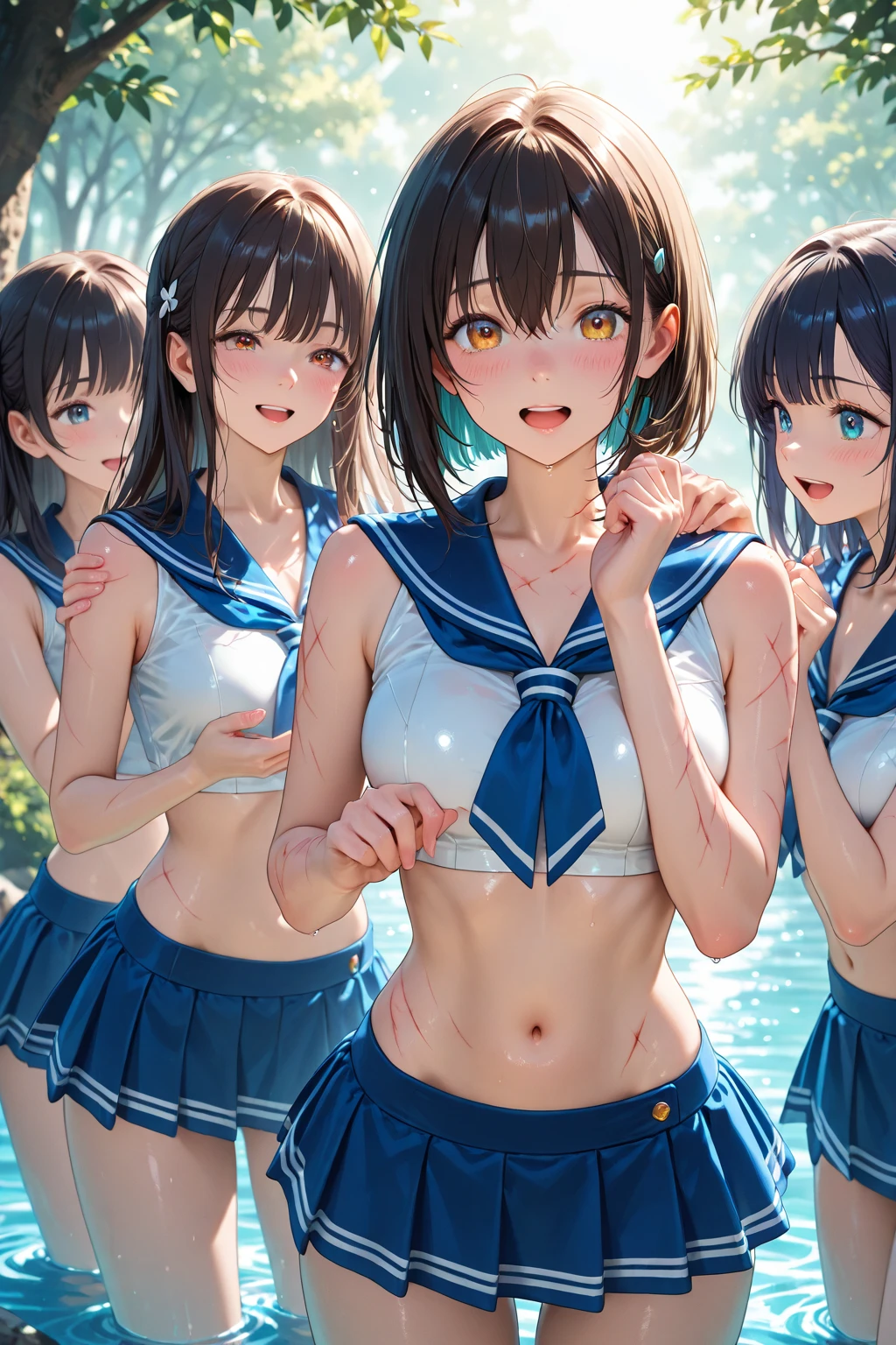 ((highest quality)), ((masterpiece)), ((3 woman:1.5)), cute woman are posing for a camera, (in the water), (Lifting SHIRT:1.3), (open your mouth and laugh:1.3), ray tracing, ((tits), (small nipples), nipples, breasts, hair band, headband, hair bobbles, blouse, shirt, (High definition thighs), (stand in a line), 12 talents、13 years old、14 years old、15 years old、((no panties)), pussies, no skirts, Asian, Westerner, silver hair, brown hair, blond hair, (navel), jewelry, looking at viewer, necklace, long hair, short hair, (abs),(Depth of the bounds written), (My skirt is completely blown up by the strong wind.:1.2),