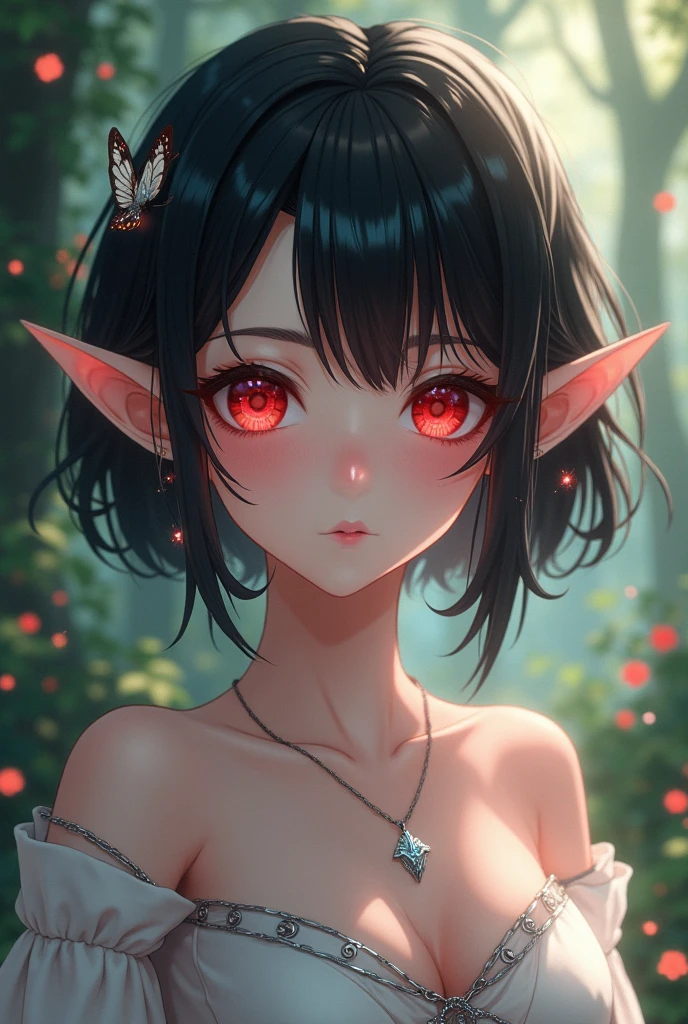 SFW (masterpiece, best quality, 32k) a teenage girl with medium black hair ((stark black hair, dark black hair, bangs, straight hair, bob, inverted bob, stylish bob)), ((pink eyes, ruby eyes, red eyes, brown eyes, bright eyes, beautiful eyes, detailed eyes, finely detailed eyes, highly detailed eyes)), ((youthful face, beautiful face, cute face, sexy face)), ((dark eyeshadow, dark eyeliner, full lips, small pointy ears)), ((pale skin:1.5, white skin, porcelain skin, smooth skin, soft skin)), standing, walking, outside, outdoors, lake, forest, trees, grass, sky, clouds, simple background. ((bikini)), ((huge breasts:1.7, round breasts:1.3, perky breasts:1.3)), ((slim:1.5, lithe:1.5, slender:1.5, thin:1.5, svelte:1.5, busty:1.2, buxom:1.2, supermodel body:1.2, fit body:1.2)), ((round hips, thin waist, waspish waist, slim waist)), ((long legs, slender legs)), small smile ((full lips)), calm expression, content expression, serene expression, happy expression, open eyes, large eyes, expressive eyes, head-to-waist portrait, cinematics, color oil painting, cinematic lighting, ((extremely detailed face)), ((finely detailed face)), Extremely detailed eyes, finely detailed eyes, beautiful face, beautiful eyes, perfect lighting, depth of field, (realistic proportions), (good anatomy), ((solo:1.6)), ((1girl:1.6))