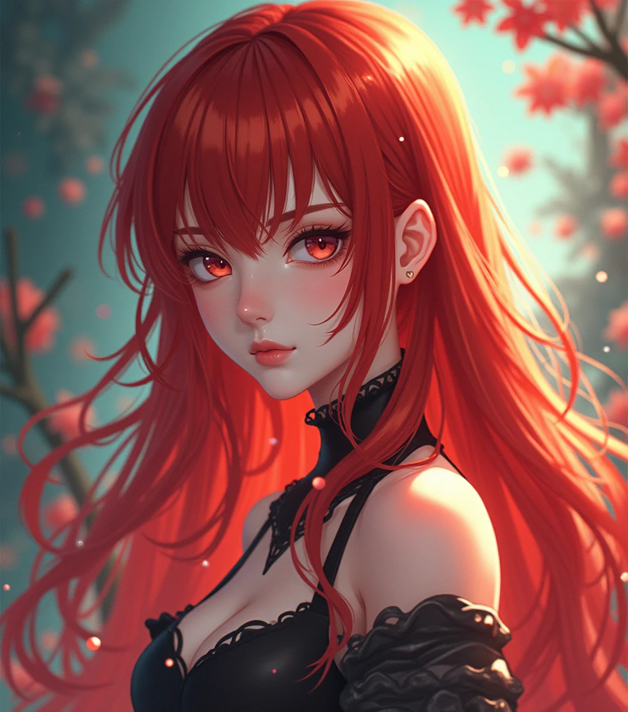 1girl, alone, long hair, looking at viewer, smile, bangs, red eyes, jewelry, closed mouth, braid, red hair, earrings, double braids, eyelashes, makeup, lipstick, portrait, red lips, black dress, mid-cleavage , standing, black background, fireflies in the background