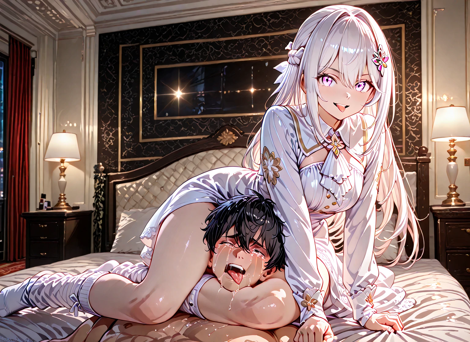 highest quality, masterpiece, nsfw, 1girl and 1boy, (1boy femnin, otokonoko, femboy, long hair), futa on male, futa is bigger, femdom, forced, uncensored, Boy gives girl a blowjob