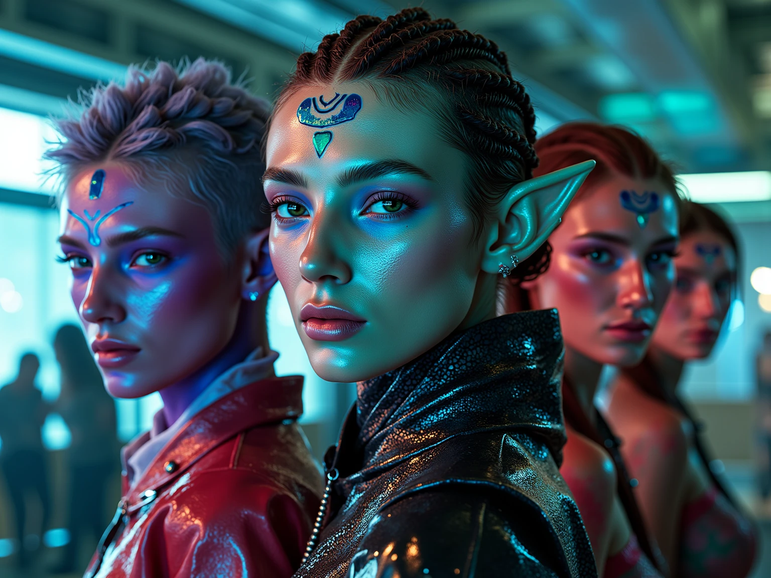 Masterpiece, Young Zendaya as a beautiful young female elf BREAK (((Short blonde Baids))) BREAK (((Tribal face Tattoos))), BREAK (((Tribal Cheek Tattoos))), BREAK (((face piercings))), (((pointy elf ears))) BREAK (((glowing White eyes))), BREAK  (((Full Body Shot))), Wearing a Cyberpunk inspired Kimono BREAK Shopping in a Cyberpunk Market, BREAK ((Best quality)), ((masterpiece)), (highly detailed:1.3), 3D, beautiful (cyberpunk:1.3), bold colours and patterns, eye-catching accessories, trendy and innovative hairstyle, vibrant makeup, neon signs, LED lights, bright and vivid color scheme, detailed skin texture, detailed cloth texture, beautiful detailed face, intricate details, ultra detailed, best quality, ultra high res, (photorealistic: 1.4), Raw photo, by Ellen von Unwerth, Nikon D850 Film Stock Photography, F1.6 Lens, Rich Colors, Realistic, Cinestill 800, backlight, rimlighting, studiolighting