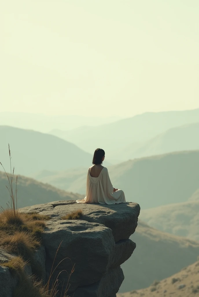 A woman barefoot,Sit cross-legged on a cliff