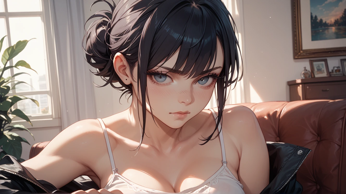 (best quality, masterpiece:1.2, ultra high res, high detail, realistic, photorealistic:1.4), raw photo, 1girl, (black bikini:1.2), in the dark, mysterious atmosphere, deep shadows, low key lighting, cold tones, detailed skin, (pale white skin:1.2) expressive eyes, red eyes, luscious lips, (dark black lips:1.2), lowing hair, black hair:1.2, ethereal beauty, subtle highlights, moody ambiance, soft and diffused lighting, captivating gaze, delicate features, graceful pose, enchanting darkness, dramatic contrast, mesmerizing shadows, cinematic composition, evoking emotion, hauntingly beautiful, intricate details, fine art aesthetic, view from above:1.2, wide-angle lens distortion