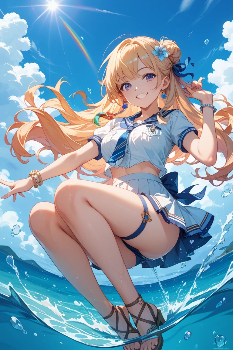 Best quality, tmasterpiece, Incredibly beautiful, very elaborate 8K wallpaper, otherworldly beautiful girl, , (White skin of the), (blonde hair pink gradient hair), Side pony, intermittently, Open your mouth and laugh, Long eyelashes, cosmetics, One eye open, (zoomout, bigger, BigREAK, 夏天, Beachy, (比基尼), Reflection in the water, (Floating water drops blur foreground), (blue-sky), lens flare glow, (water splash), rays of sunshine,