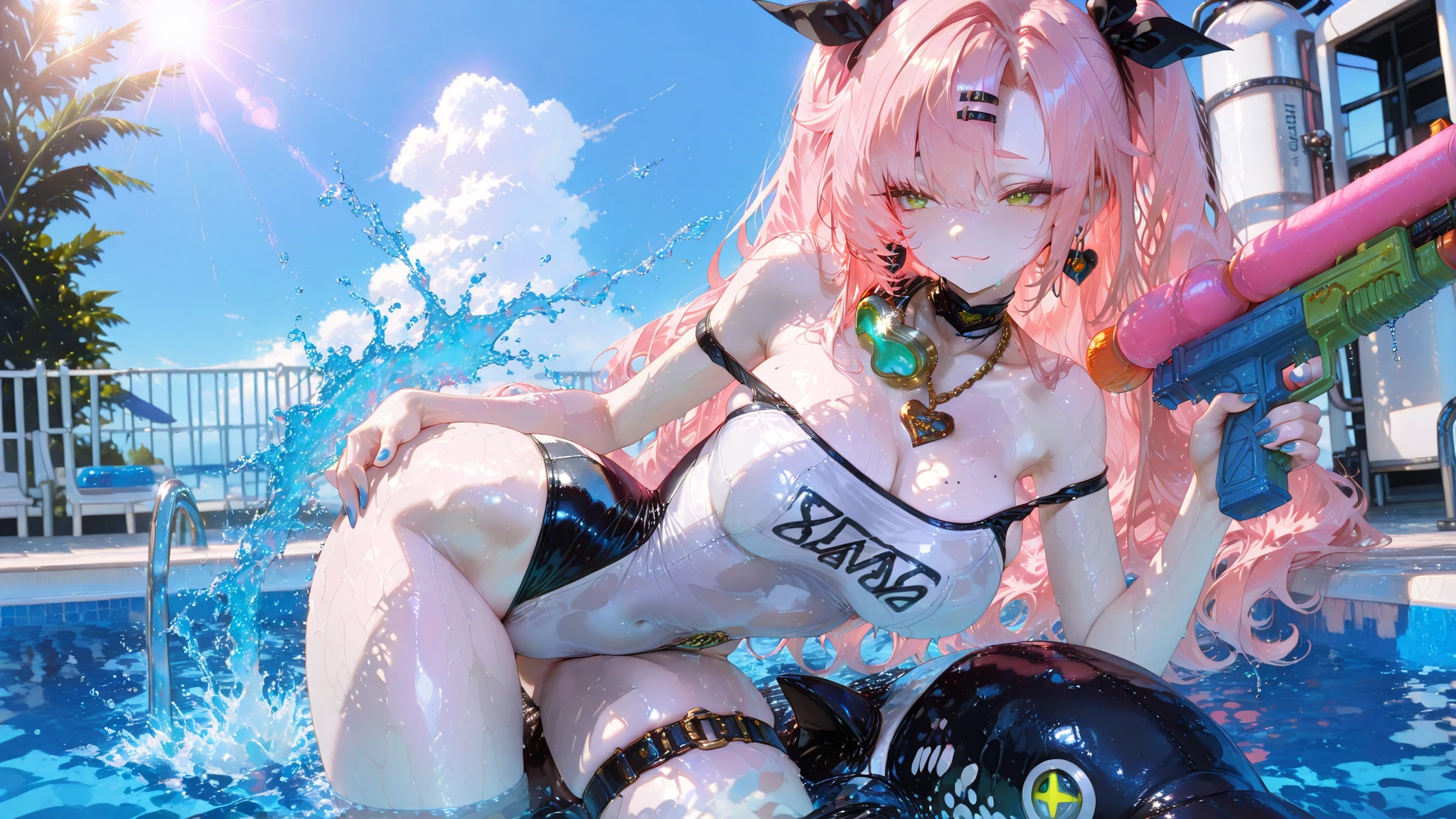 crouching down、　Opening legs, 　Girl in a swimsuit, 夏天, Strong sunshine, Pose showing armpits, Elbows higher than head, Arms behind your back, super sonico, oppai, Long Boobs, Colossal tits, The Naked Goddess in Anime, Ecchi anime style, [ 4 k digital art ]!!,　White high-leg bikini, Open your eyes, Back lighting, chest protrudes, Short bob pink hair, A slight smil, perspiring, Strong backlighting, red tide, sodden, Sky and sea are the whole background、　Yellow light、　Purple Shadow, Fisheye distortion, Composition looking up from a low perspective