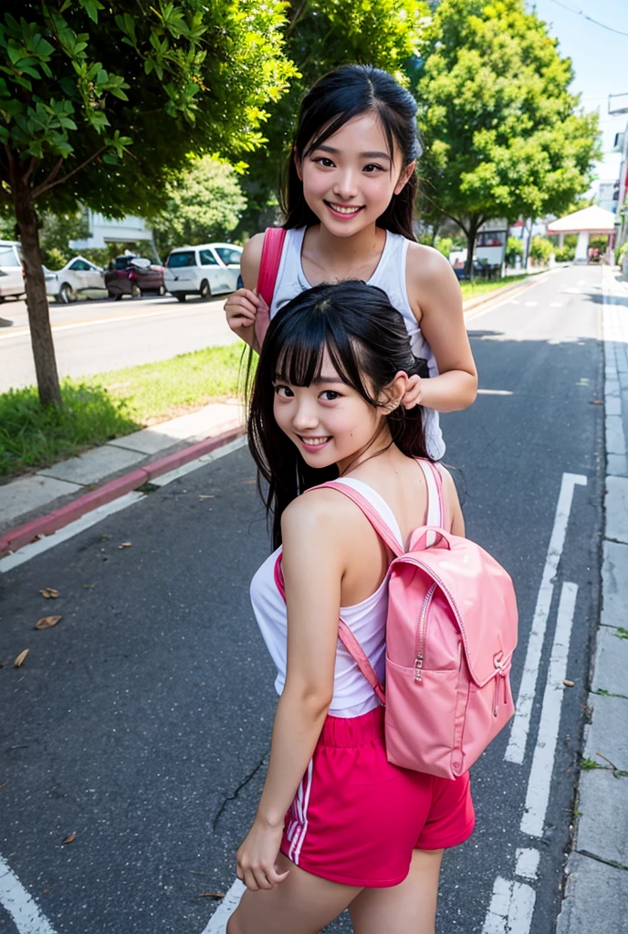 (8k),(masterpiece),(Japanese),(8-year-old girl),((Innocent look)),((Childish)),from the front,smile,cute,Innocent,Kind eyes,Plain T-shirt,Short sleeve,Blue checked short skirt,(Carrying a red backpack),Straight Hair,Hair blowing in the wind,Black Hair,Somewhat strong wind,noon,bright