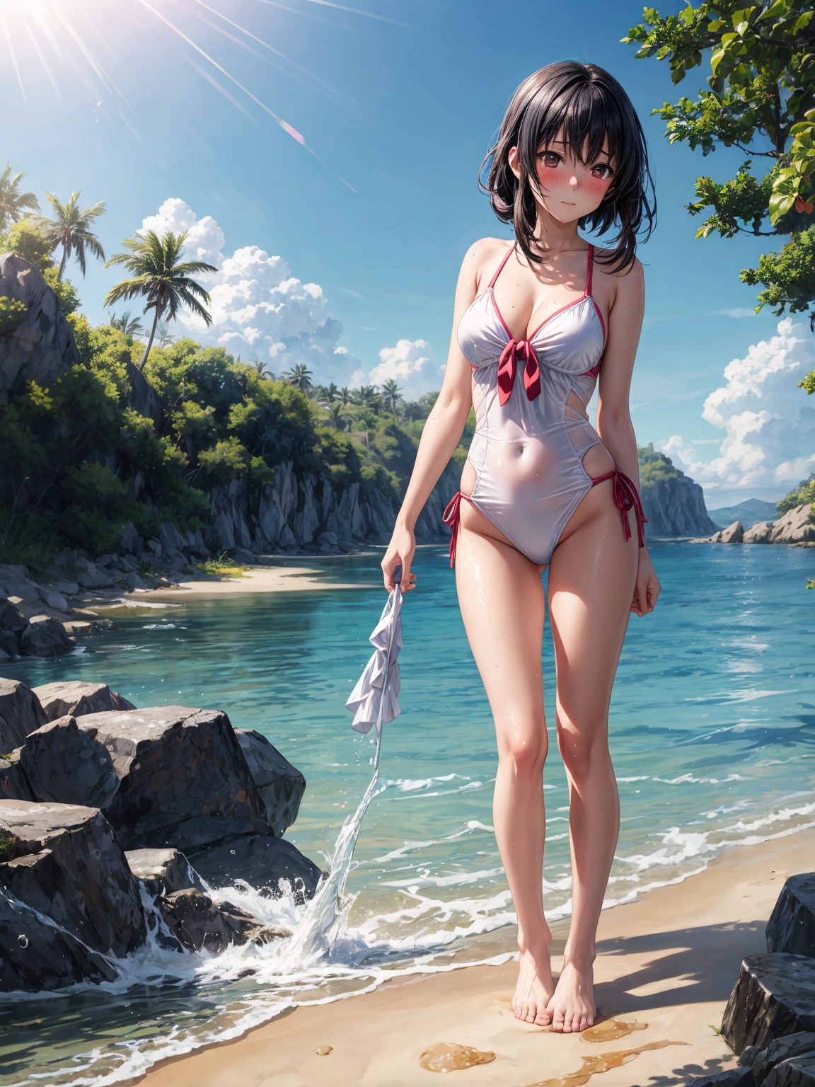 Hermosa dark magician gils en bikini. She is in the middle of the sea playing with the water. Cabello rubio. Ojos azules. Labios rojos. Bikini. Cuerpo mujado. Pose sensual y juguetona.  Tiene el cuerpo lleno de agua. It's wet. 