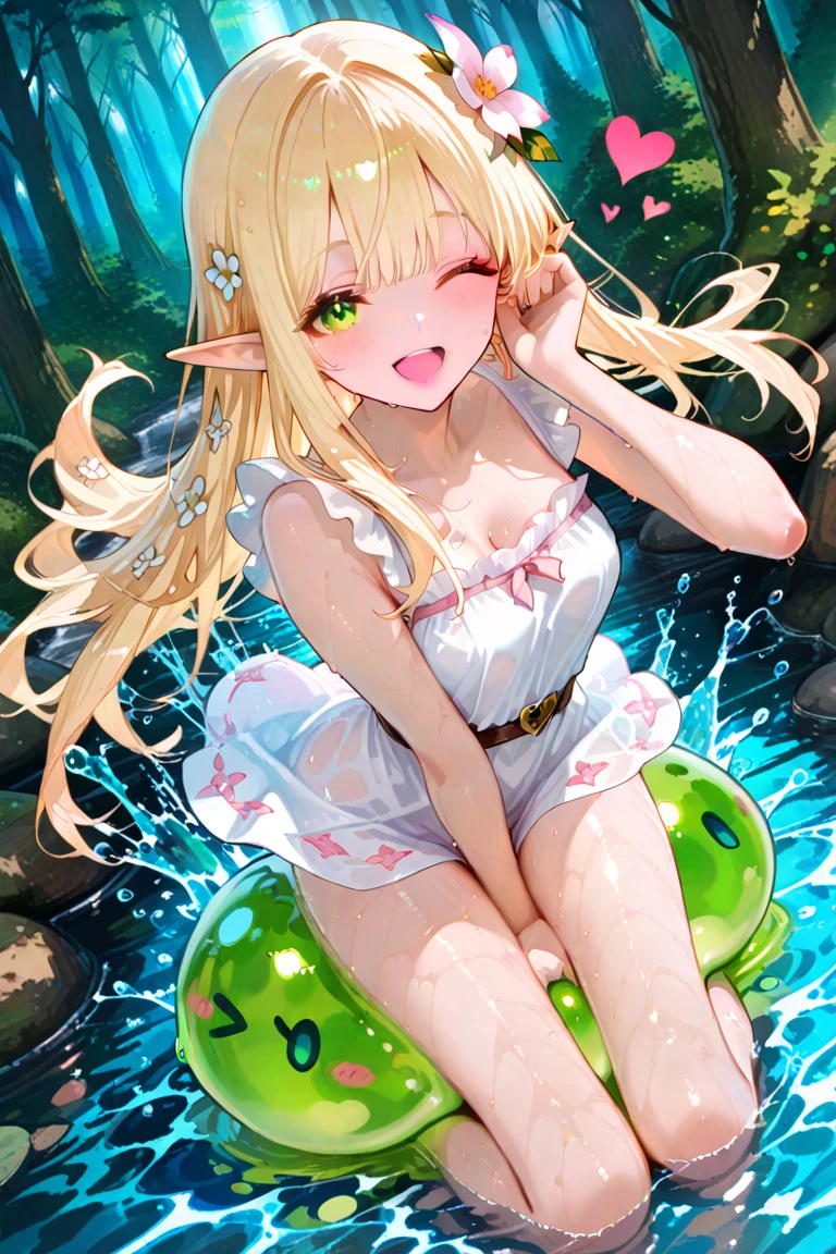 ((Highest quality)), ((masterpiece)), (detailed), 1 blonde elf witch, sexy,In the sea,Seductive pose, dynamic poze, Tie-dye bikini,Many flowers on the water surface,overhead shot,innertube,Show Panties
