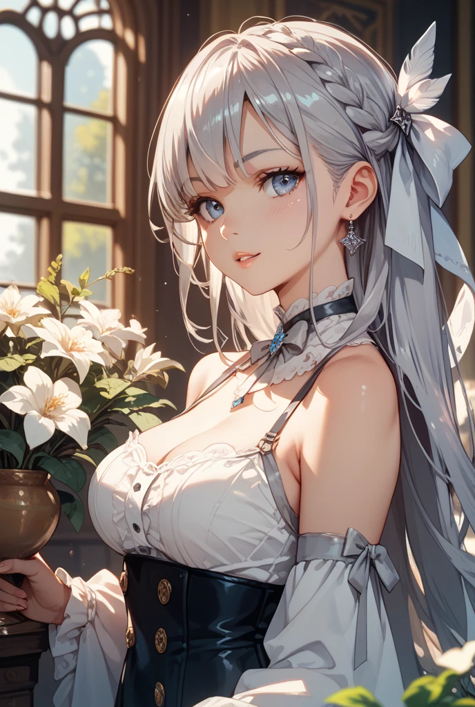 (((Masterpiece))), (((Highest quality))), ((Ultra-detailed)), ((super fine illustration)), ((Ultra-fine painting)), (16K highest quality wallpaper:1.4), (Upper body:1.6), HDR, (Highly detailed and delicate illustration style:1.8), Detailed skin texture, Detailed cloth texture, Extreme detailed description, (T-masterpiece), (highly detailed face:1.2), (Highly detailed silver fox ears:1.2), (Highly detailed shiny silver hair:1.2), (Highly detailed clear eyes:1.2), Original, RAW photo, professional, Intricate details, Super details, direct light:1.4, (Perfect anatomy:1.4), (Highly detailed hands:1.2), (Highly detailed fingers:1.2), (Highly detailed fingertips:1.2), (27-years-old), (Solo:1.8), real, ((Very beautiful and attractive silver fox female model of maid chief:1.4)) BRAKE (Beautiful and adorable silver fox ears:1.4), (Highly detailed and delicate silver fox ears:1.2), (Beautiful and well-shaped big breasts:1.2), (Beautiful and well-shaped buttocks), (Very beautiful and shiny rainbow-colored hair, colorful hair:1.4), (Very beautiful and transparent blue eyes that shine in iridescent colors, colorful eyes:1.2), (Smile:1.2), (Looking at viewer:1.2) BRAKE (Black and White maid clothes:1.4) BRAKE ((Highly detailed and beautiful luxury living room background at late night:1.4), Highly detailed and beautiful luxury living room background at late night:1.2) BRAKE 