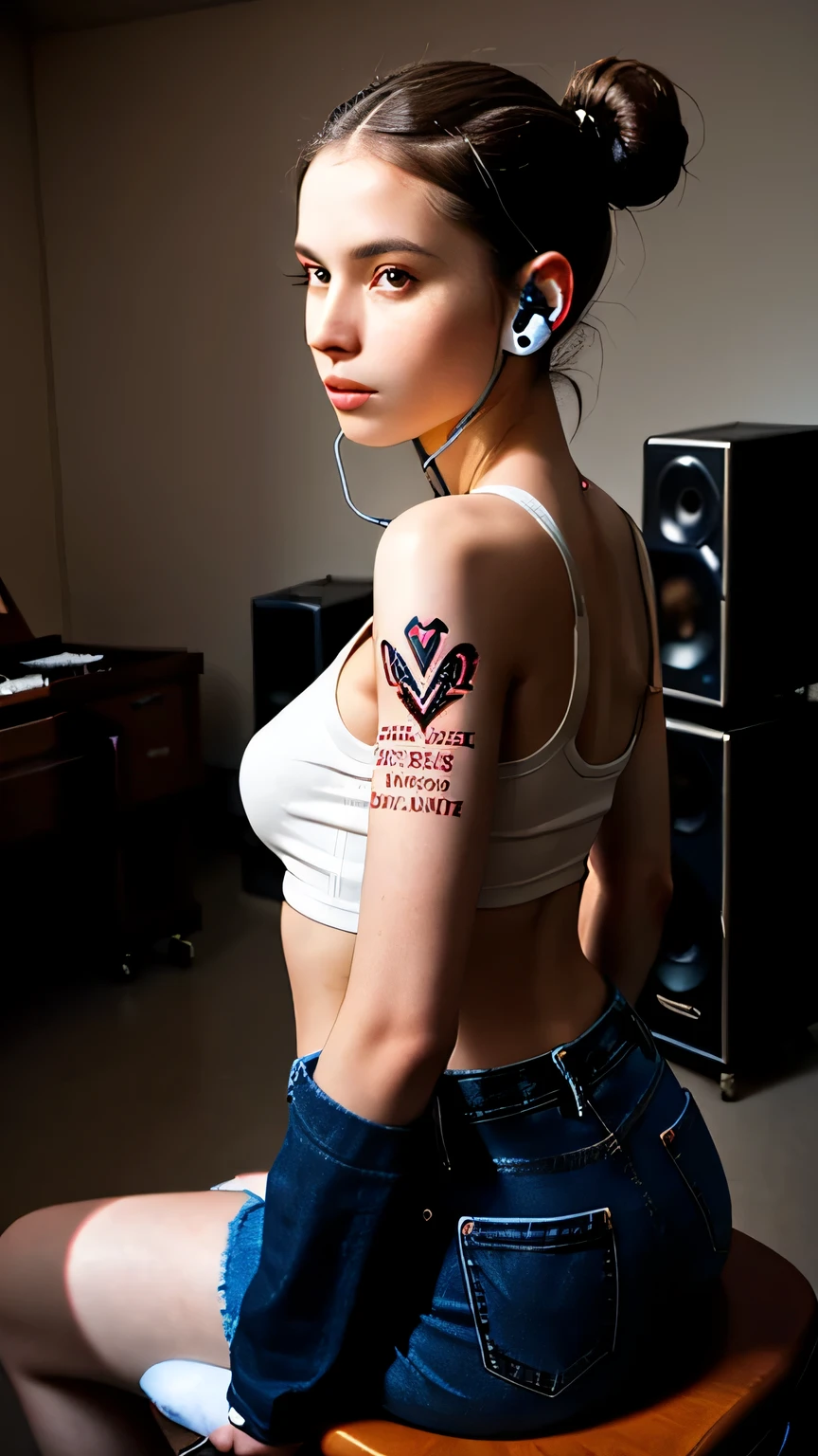 Prompt : 18-year-old Thai woman with a sexy figure. She wore a light brown Holding a shiny black electric guitar, she wore a tight red tank top that accentuated her figure and high-waisted blue denim shorts. Her hair was pulled back in a casual but stylish bun, with a few strands framing her face. She wore a pair of white headphones. She has a vertical Music tattoo on her left upper arm and a heart. A young woman sits and plays the guitar, bending slightly, tilting to the side, clearly showing her chest. Her eyes stare directly at the camera powerfully, her lips slightly parted, charmingly and mysteriously. Her gaze is steady and deep. The place is a music practice room with many musical instruments: drums, keyboard, large speakers, microphones.