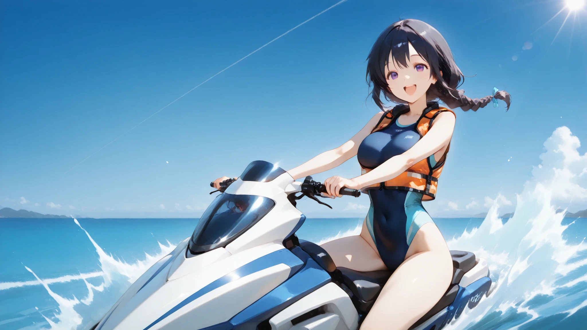 anime girl in bikini riding a scooter on the beach, from yowamushi pedal, kantai collection style, ikki tousen, made with anime painter studio, painted in anime painter studio, ecchi anime style, beaching, beaching, junko enoshima, asuka as a surfer model, making: Kamisaka Sekka