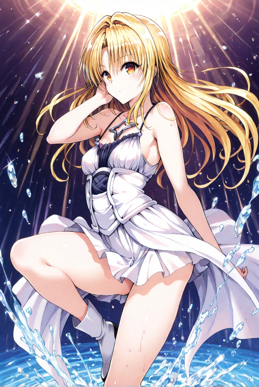((Highest quality, 8k, masterpiece:1.3)), concentrated:1.2, Perfect Body Beauty:1.4, Hips:1.2, ((Layered Haircut, chest:1.2)), (Wet clothes:1.1) , (rain, street:1.3), Bandeau dress: 1.1, Highly detailed face and skin texture, Beautiful Eyes, double eyelid, White skin, Long Hair, (shut up: 1.3)