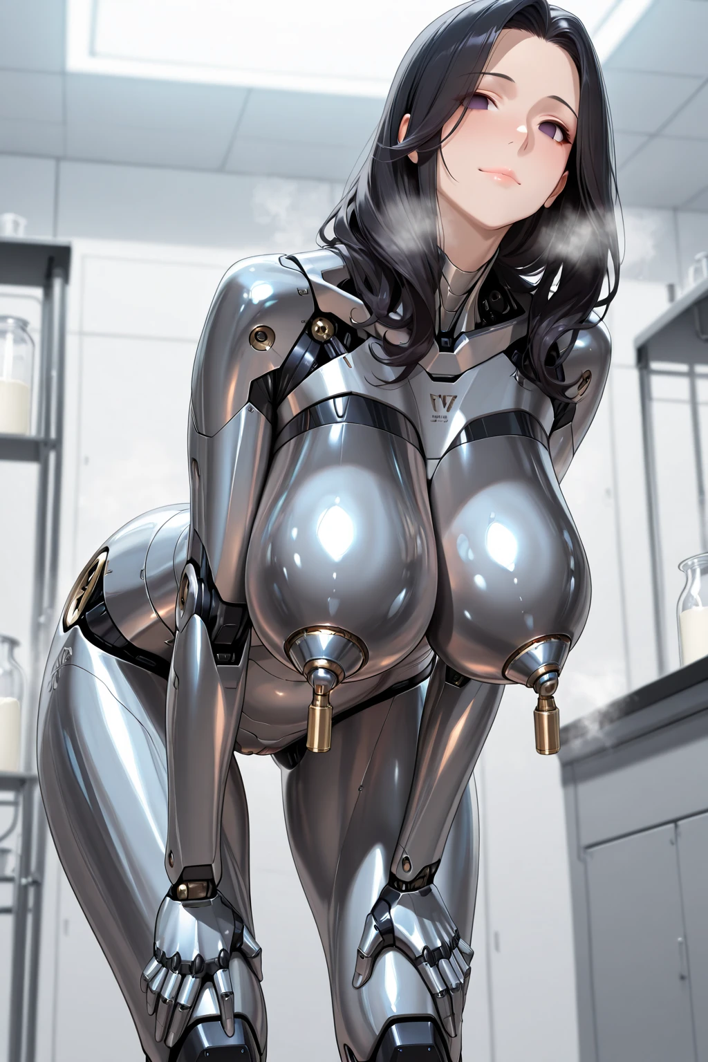 (subject 1: A cute woman Space explorer, embarrassed, attempting to cover herself, stripped naked except for her belt and shoes ) has encountered an alien civilization (Subject 2: Scary but friendly aliens, cybernetic enhanced, robot servants), they examine the space explorer without respecting personal space (sucking on her tis, pumping milk from her breasts) the aliens are intrigued by lactation