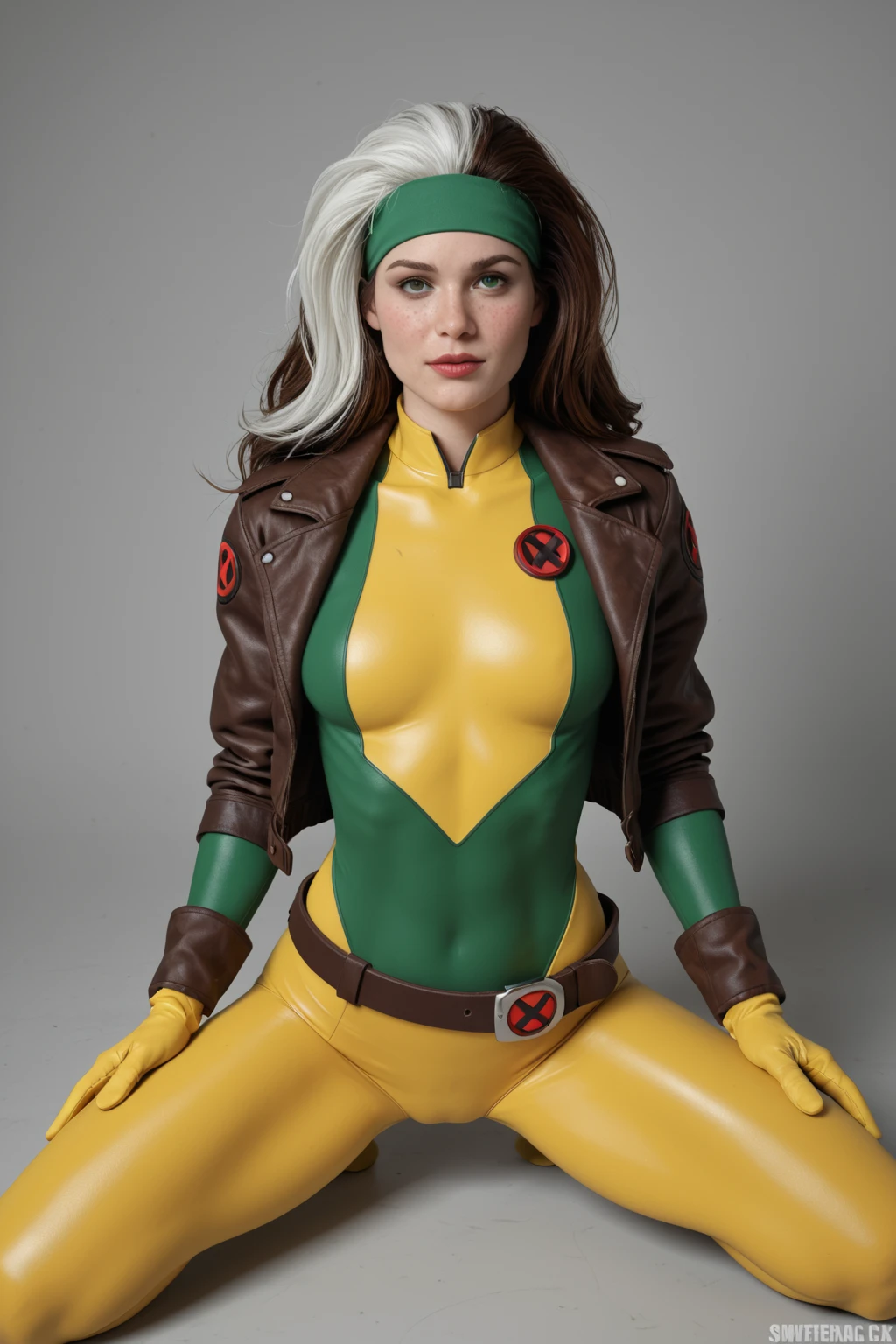 Sandra Bullock、masterpiece, High-quality 4K, Villain (X-Men), Gothic Girl, Sculpted body gothic makeup, Brown jacket, Yellow and green bodysuit, masterpiece, highest quality, Cowboy Shot, One girl, alone, Technology Military Bodysuit, fringe.