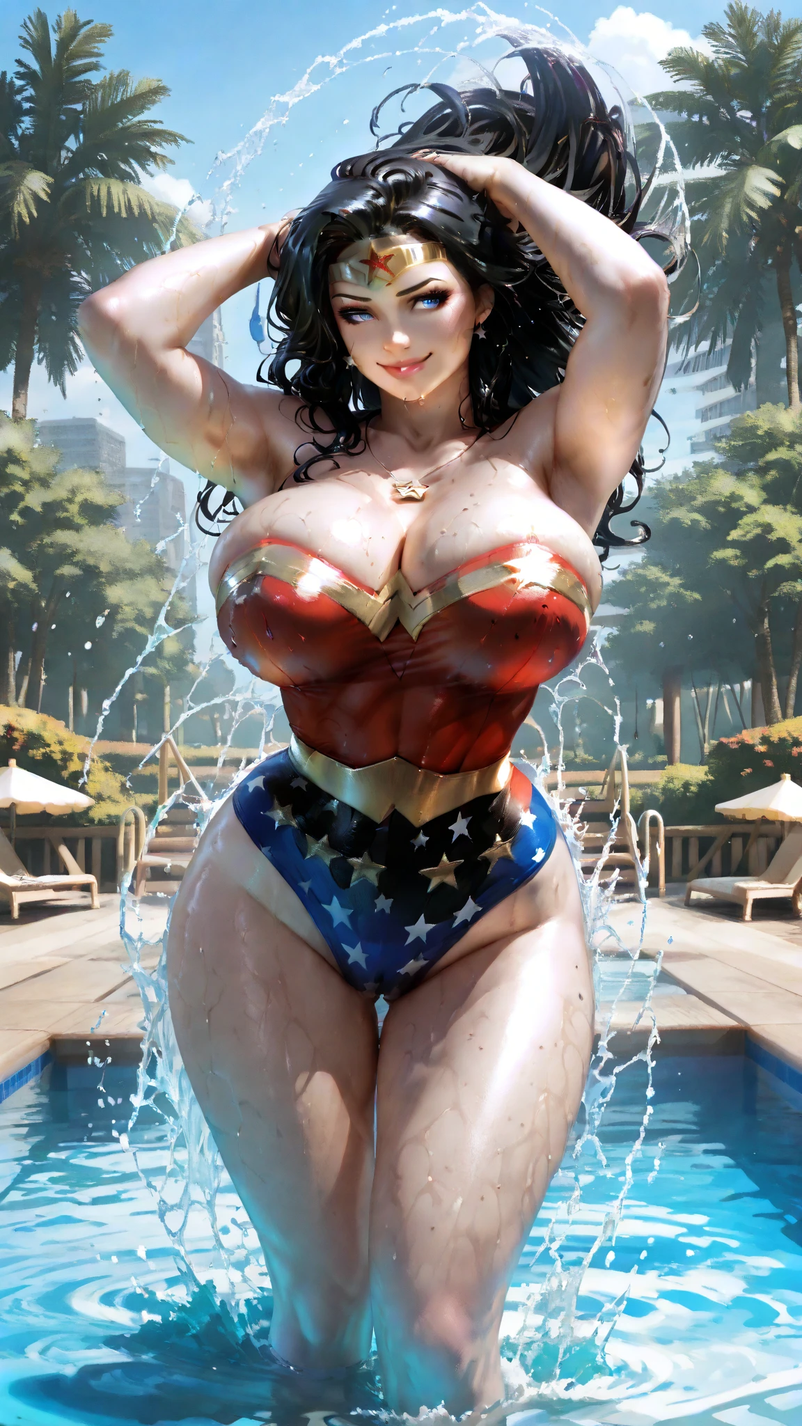 woman in a costume in a glass case, lynda carter wonder woman, wonder woman, waist, big breasts, , dressed as wonder woman, as a retro futuristic heroine, waist up, as a retro futuristic heroine, dorian cleavenger, queen in a glass prison, waist - up, , smallest waistline ever, detailed photograph,
