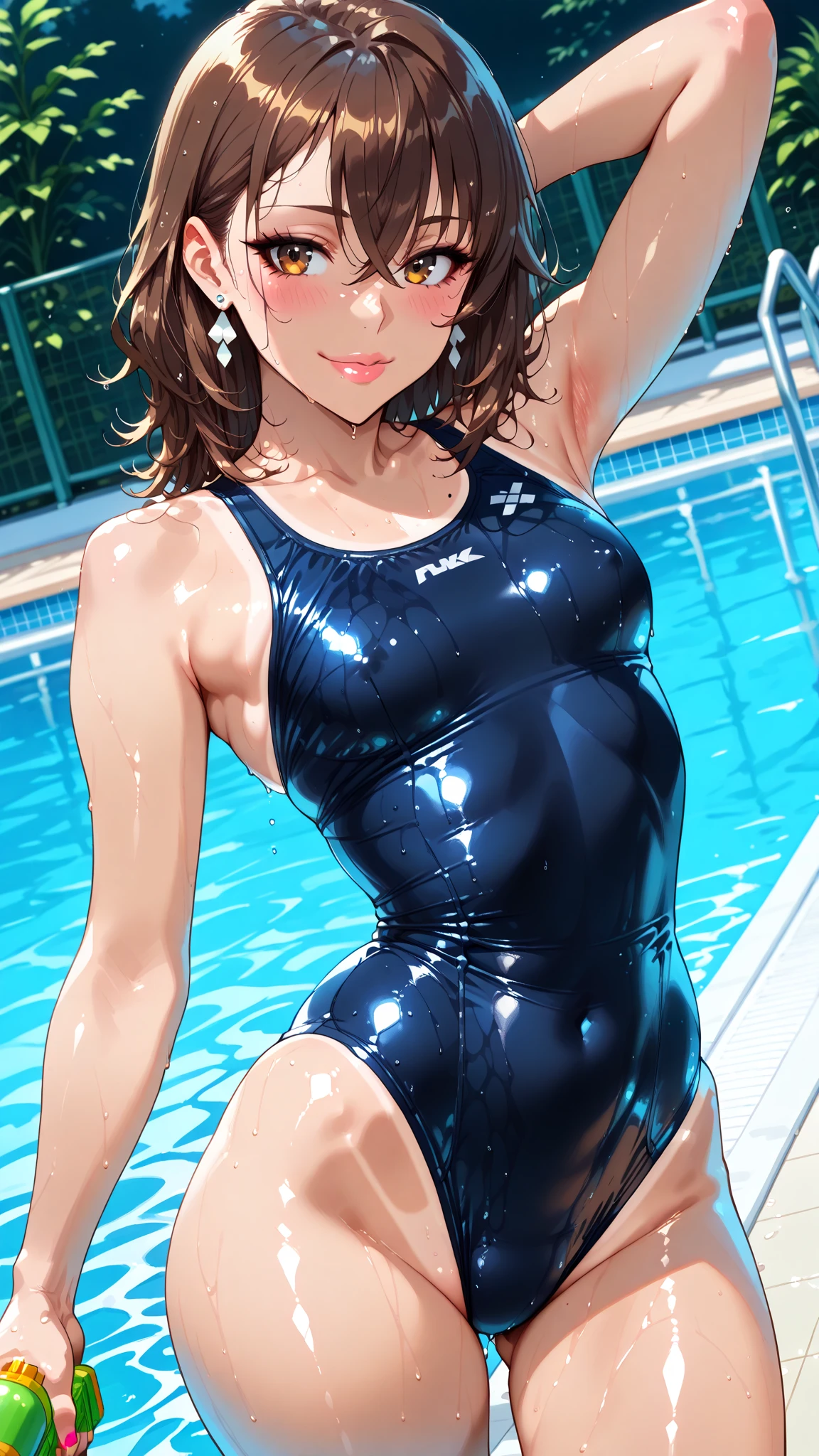 (4K,masterpiece,Highest quality,Super detailed),Low - Angle,From below,Cowboy Shot,(At the school pool),(All pages of (A Japanese woman)),(15 years old):1.2,Medium Hair,Brown Hair,(Beautiful face in every detail),A light smile,shy,Slender body,(Detailed skin,Beautiful attention to detail),Mid-chest,Beautiful Hips,(Wet Blue Compression One Piece Full Back Swimsuit),Zoom in on the crotch,(Spread your legs,squat):1.2,Detailed panties and stockings:2.0