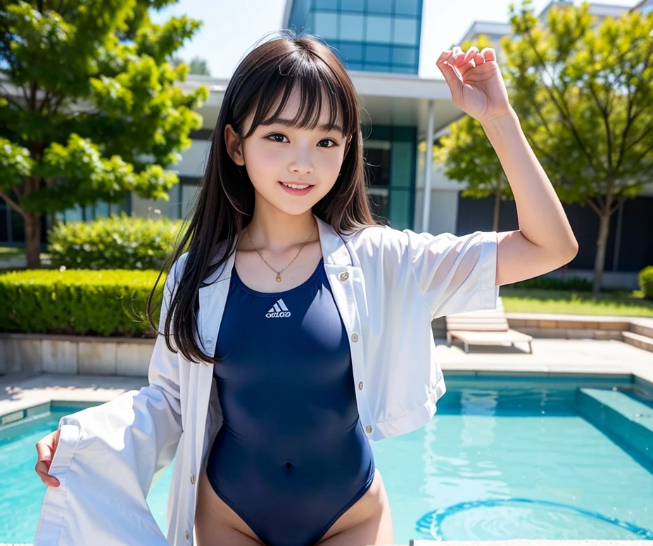 1girl, ((competitive swimsuit)), A beautiful girl wearing a front zipper Track jacket over a competitive swimsuit looks at me, Idol-class cuteness, boyish, accurately drawn face, baby face, slender, healthy thighs, wet skin, shiny, blue one-piece swimsuit, Wear the front zipper Track jacket with the front open, Standing in honor, In the indoor swimming pool, precise fingers, exact limbs, Track jacket, Place your hands behind your back, feet out of frame, depth of field, anatomically correct, UHD, accurate, textured skin, highres