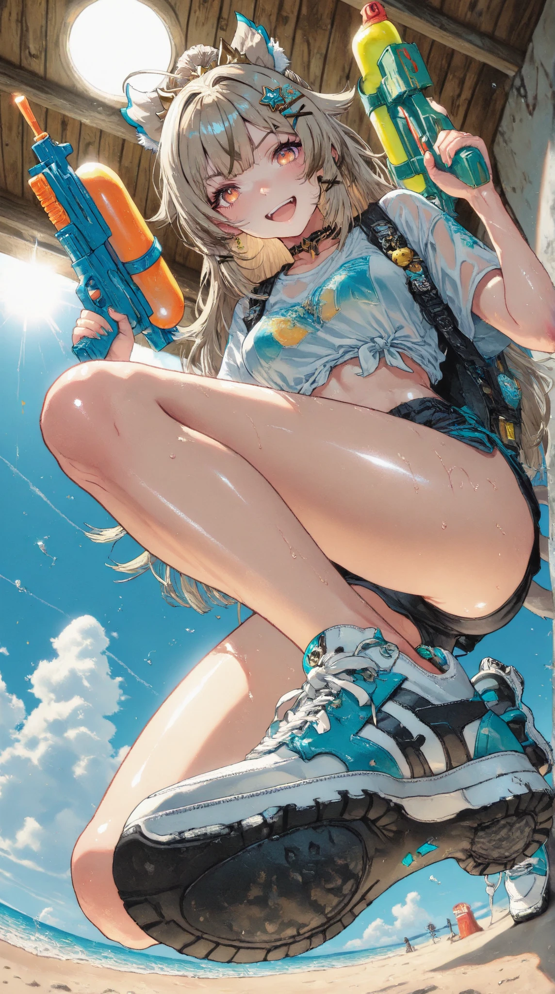 Japanese girl on a water park vacation, at the moment of lying down and plunging down the ten-story high water slide, experiencing high-speed weightlessness, with water splashing everywhere, captured from a low angle at high speed, under natura --auto --s2