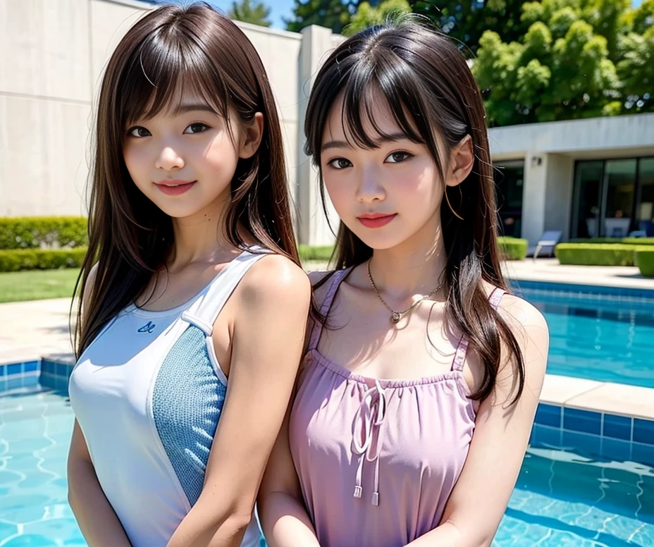 twinsies、kawaii、japanes、silber hair、Surprise Big、Inner Hair, makeup, Shy, blush, Smirk, depth of fields, hight resolution, Textured skin、Purple bikini、Sheer pubic hair、