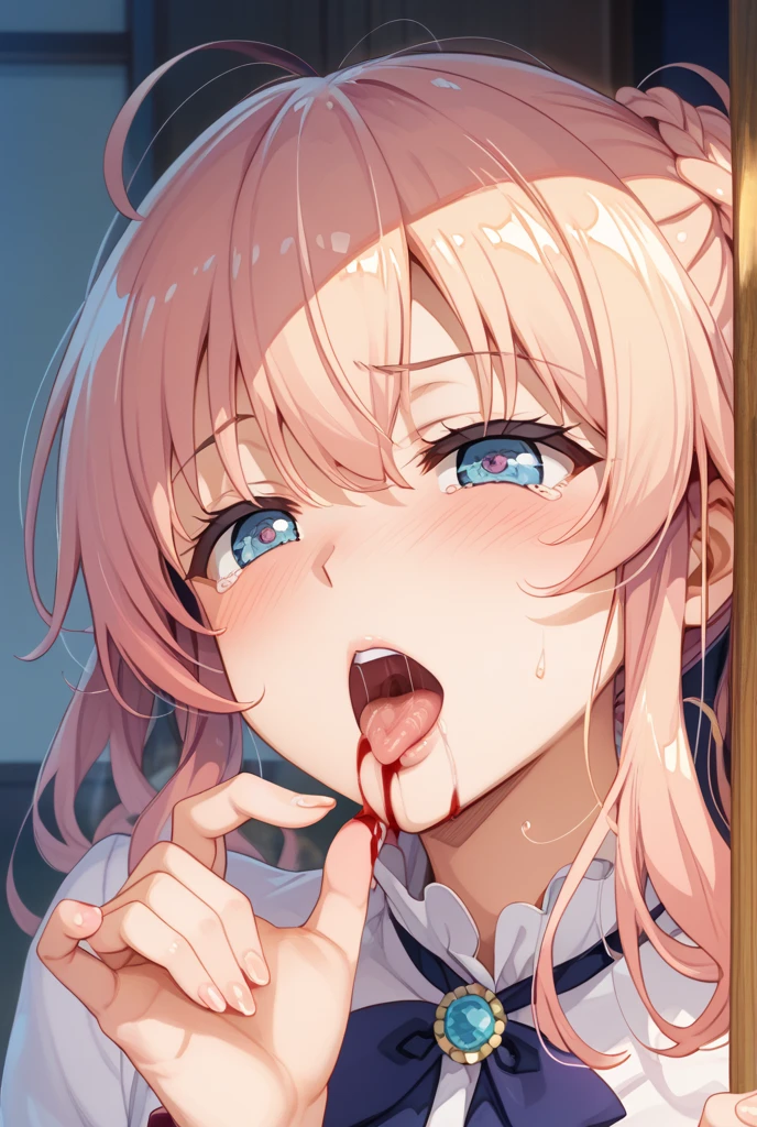 (((top-quality))),(((masterpiece))),(((detaileds))),(((high resolution))),(((Beautiful and Aesthetic Work: 1.5))),(Ultra High Resolution), (Ultra Detail),(((Detailed background)))8K, RAW photos, Best quality,32K,masterpiece,hyper HD,megami magazine,fine art,Sharp focus,Delicate and beautiful pink hair and eyes and face,realisticlying,saliva,saliva trail,(orgasm,evil:1.7),(water eye:1.5),((hotel room,on bed)),beautiful face,white blonde hair,((red eyes,blush, sweat, open mouth,ahegao,orgasm:1.5)), tears,Clear white skin,gigantic breasts,(Maid Costume),(Ultra Detail,(Ultra Detail,orgasm,looking up:1.5),(Ultra Detail,1man,big penis,cum_in_mouth, cum_on_perfect Detail tongue, facial, bukkake,:1.6),(POV, mouth focus:2.0),(pojecile cum,excessive cum :2.0),