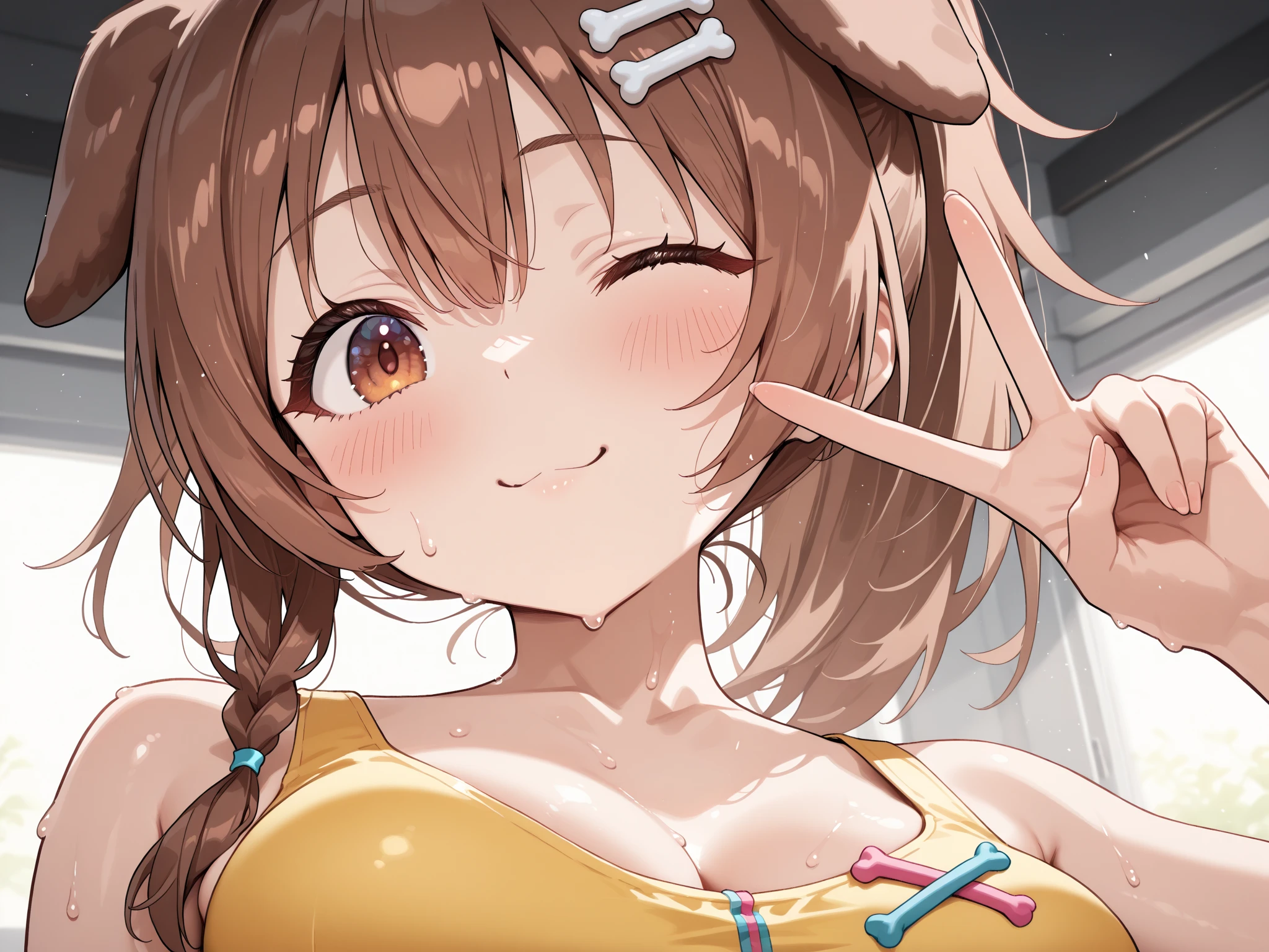 1Girl, smart falcon(umamusume), (umamusume), umamusume, shiny skin, sweat, blush, twintails, v, open shirt, bra, panties, looking at viewer, (selfie), reaching towards viewer, masterpiece, best quality  very, aesthetic, recent, mid,  