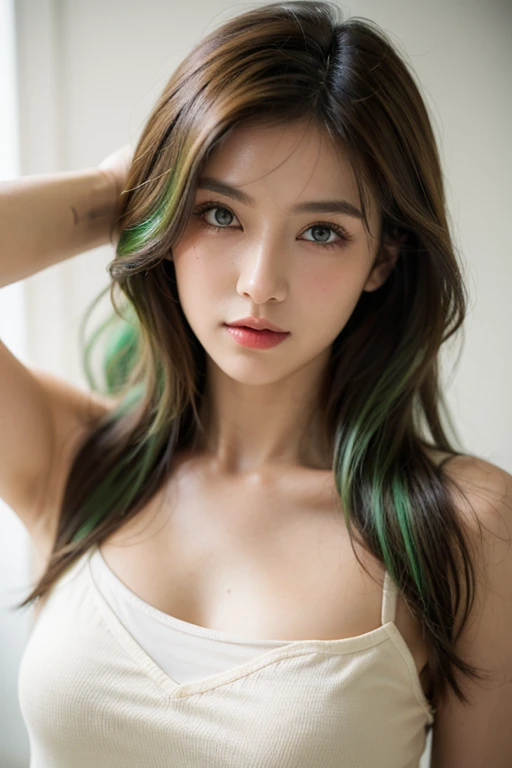 (1girl:1.35, 20-year-old), Realism, highest resolution, (highest quality realistic texture skin), ((highest quality realistic texture brown hair, intricate detail:1.25)), ((perfect proportions)), (anatomically correct, very small round head:1.3), ((firm and full breasts:1.25)), (the most absurd quality perfect eyes), (super detail: natural beautiful cute sharp face), (light pale complexion), ((clear no blur and sharp perfect round realistic light green_eyes:1.1), Insanely detail:1.3), finely detailed pupils, detailed lips:1.3, (pink_lipstick), [dry skin], (wears evening lingerie with lace:1.13)