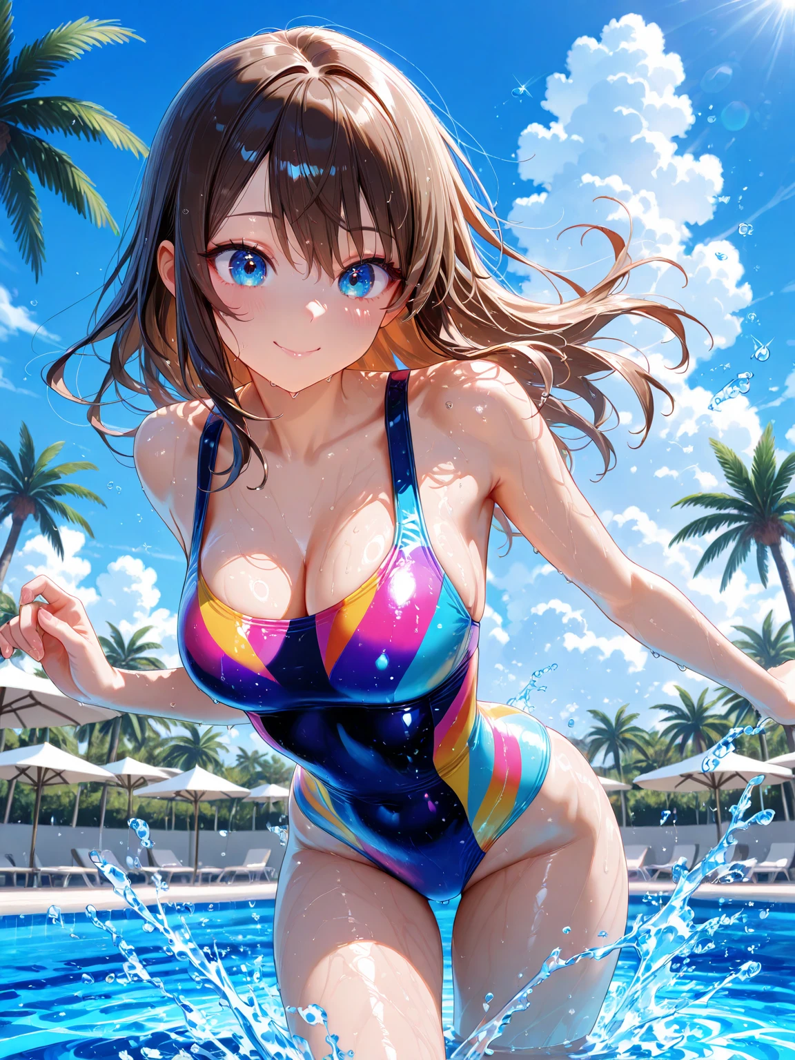 Summer girls!!,swim suit,nsfw:1.5,((Bukkake)),embarrassed,drooling,pojecile cum,excessive cum,faceless male,