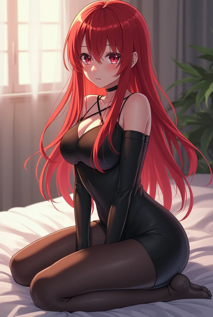 Full body picture of 1 girl: Erza Scarlet, smiling, laying in bed wearing Rin Tohsaka outfit, in a room with huge church-like windows at night, ultra realistic, top quality, sexy picture