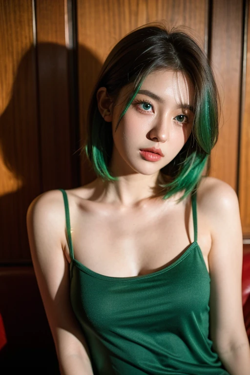 (8k high quality), masterpiece, sexy woman 1 person: 1.3, super detailed face, single eyelids, transparent underwear), green hair, night, g cup, a clown tattoo,