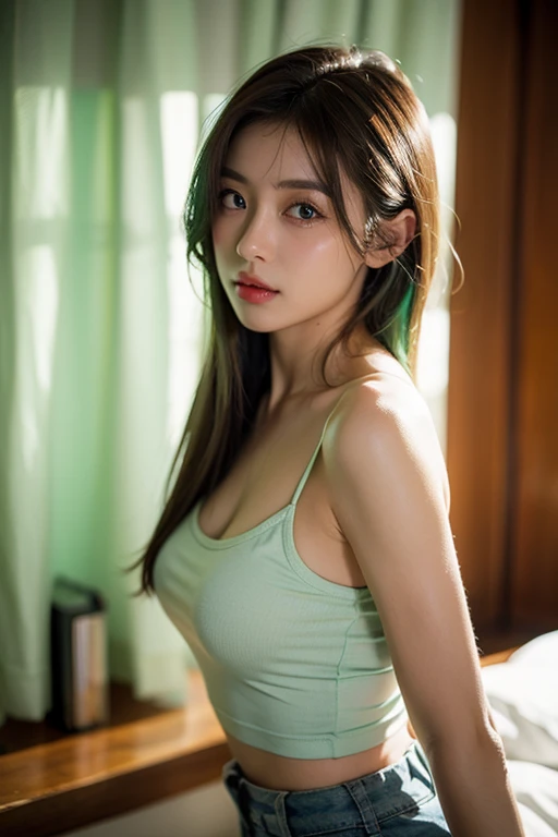 ,((Hesti Purwadinata:1.5)), perfect very small-sized breasts, Indonesian, smoth and flawless skin, sundanese, wet skin, bushy pubic hair, ((tanned skin:1.5)), (masterpiece:1.5),(photorealistic:1.5), RAW Photo, (best quality:1.5),(((award winning))),(ultra highres:1.5), 1200 dpi, (16K), ((HDR:1.5)), (vivid colors:1.3), Hyperrealism,((realistic face)), ultra-realistic, perfect face, Fujicolor, (Cinematic lighting) , (natural lighting:1.05), moody lighting, Hasselblad, 85mm, f/2.8, ((medium shoot:1.3)) , (focus on face) , (silhouette:1.0) , (illustration:1.3), (sharp focus:1.3), (sharp eyeliner, eyeshadow, detailed eyes:1.1), ((profesional shoot:1.5)), Cinematic still frame, movie still, 1200 dpi, cinematic, anamorphic, (silhouette:1.0) ,