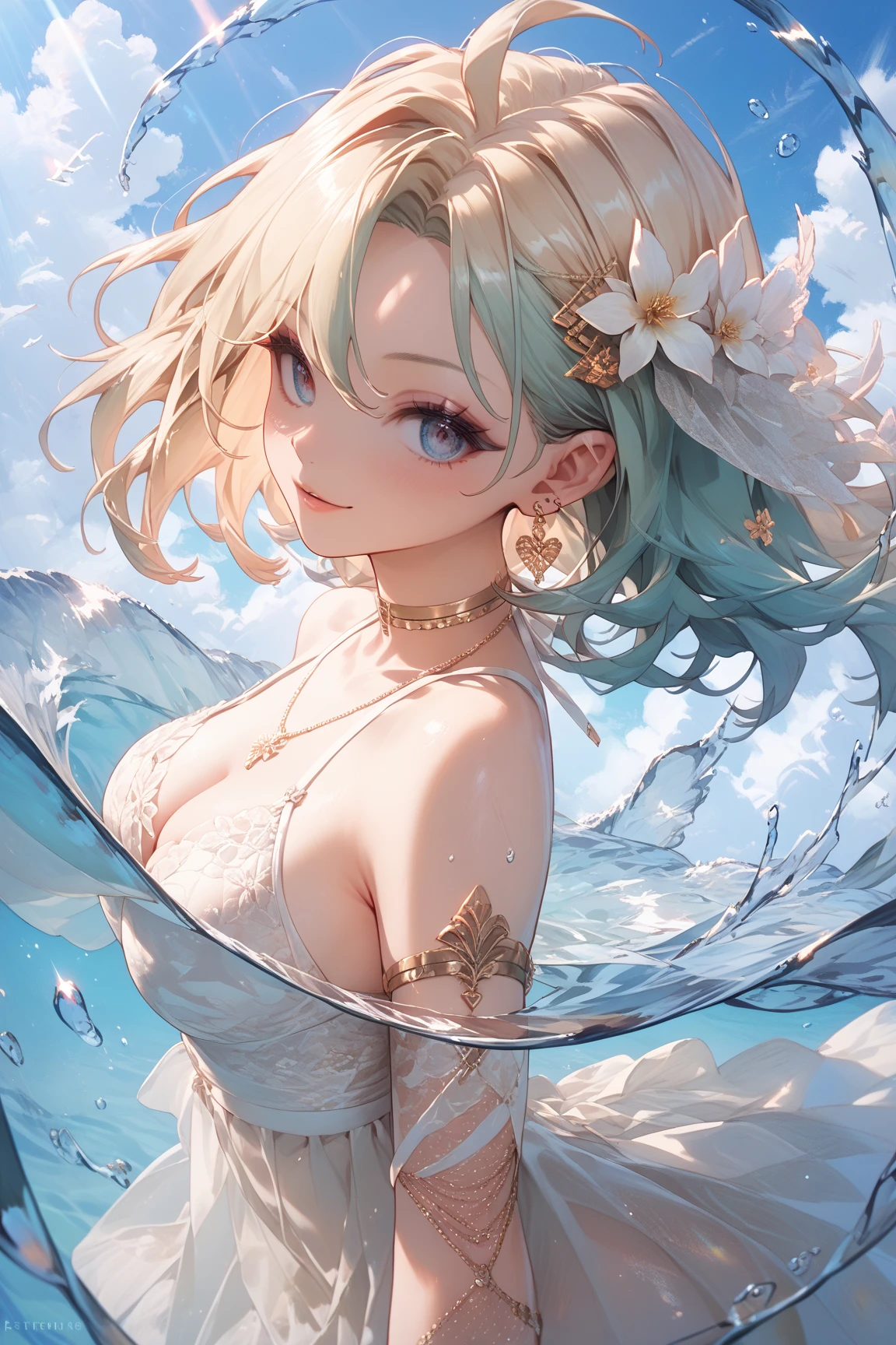 (Masterpiece)、(highest quality)、((Super detailed))、(Ultra delicate)、Pastel colored hair、Beautiful breasts、A young princess bathing in a lake、wet white dress
