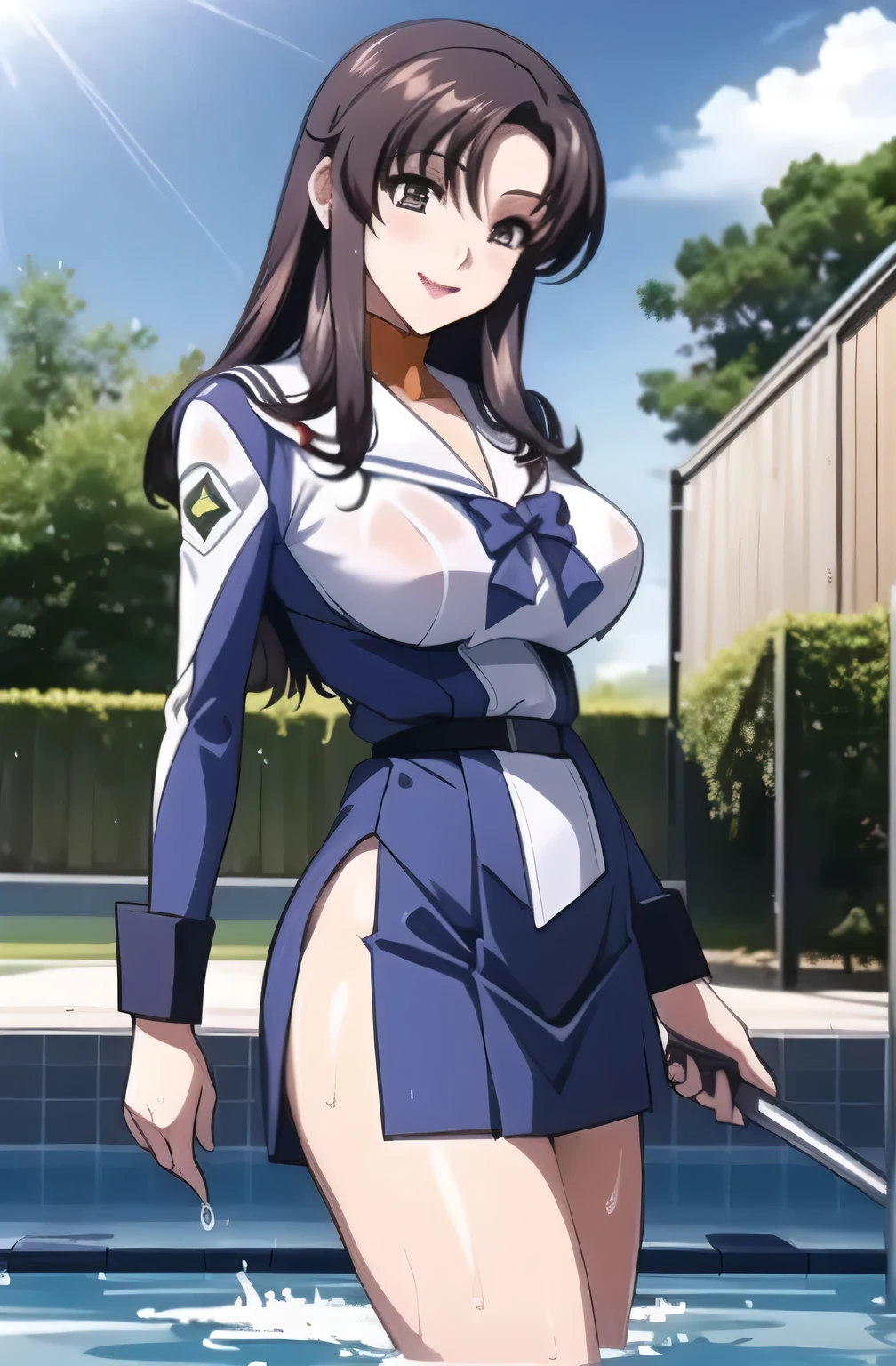 best quality, masterpiece, ultra-detailed, 1girl, solo, kondou taeko, looking at viewer, smile, red headband, volleyball uniform, sportswear, huge breasts, sleeveless, 