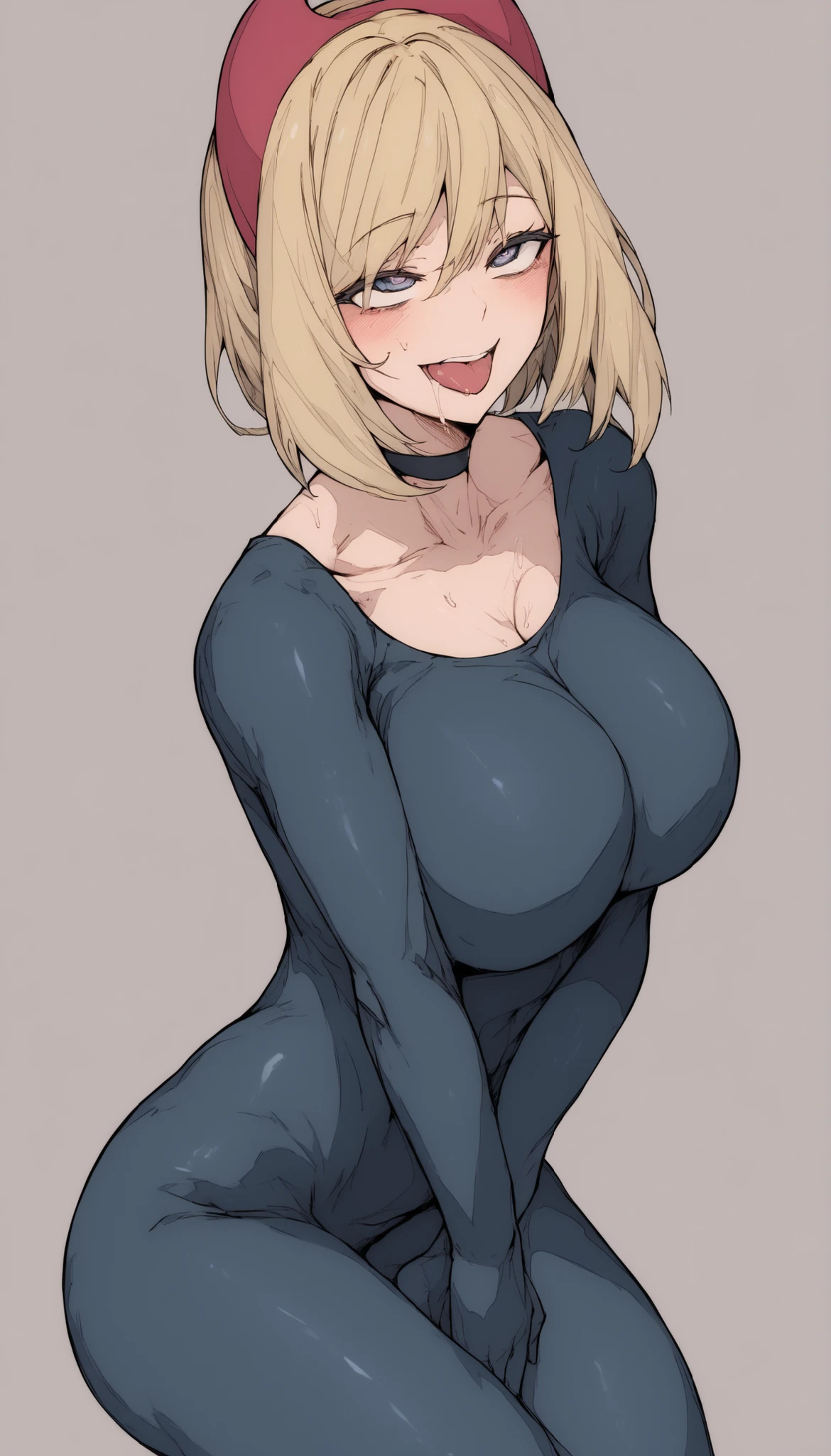 1girl,solo,super detailed skin,shiny skin,wet oily skin,natural face,eyelashes,blue eyes,blonde hair,bangs pinned back,asymmetrical bangs,side braid,large breasts,perfect nipples,high leg body suit,cameltoe,undressing body suit ,fishnet,simple background,masterpiece,best quality,ultra detailed,high resolution,sharp focus,depth of field