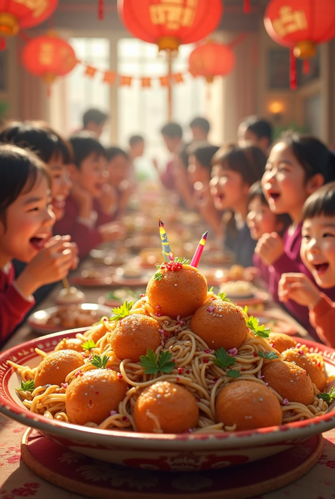 Nobi Nobita is eating a large batch of sashimi at a birthday party.