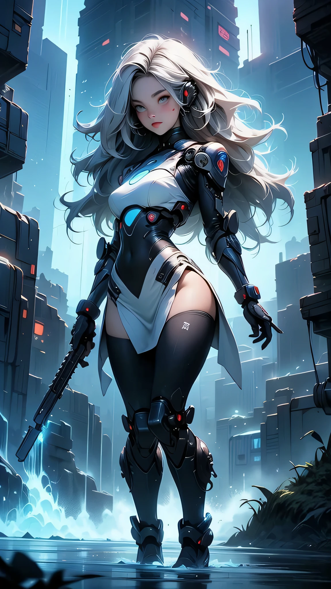 Girl Android mechanical prosthetics gloomy with long blue hair woman with sexy wide hips half cyborg prosthetic arms and legs Beautiful girl blue eyes stands in full growth Anime Style black background image gloomy smoke and fog in the background