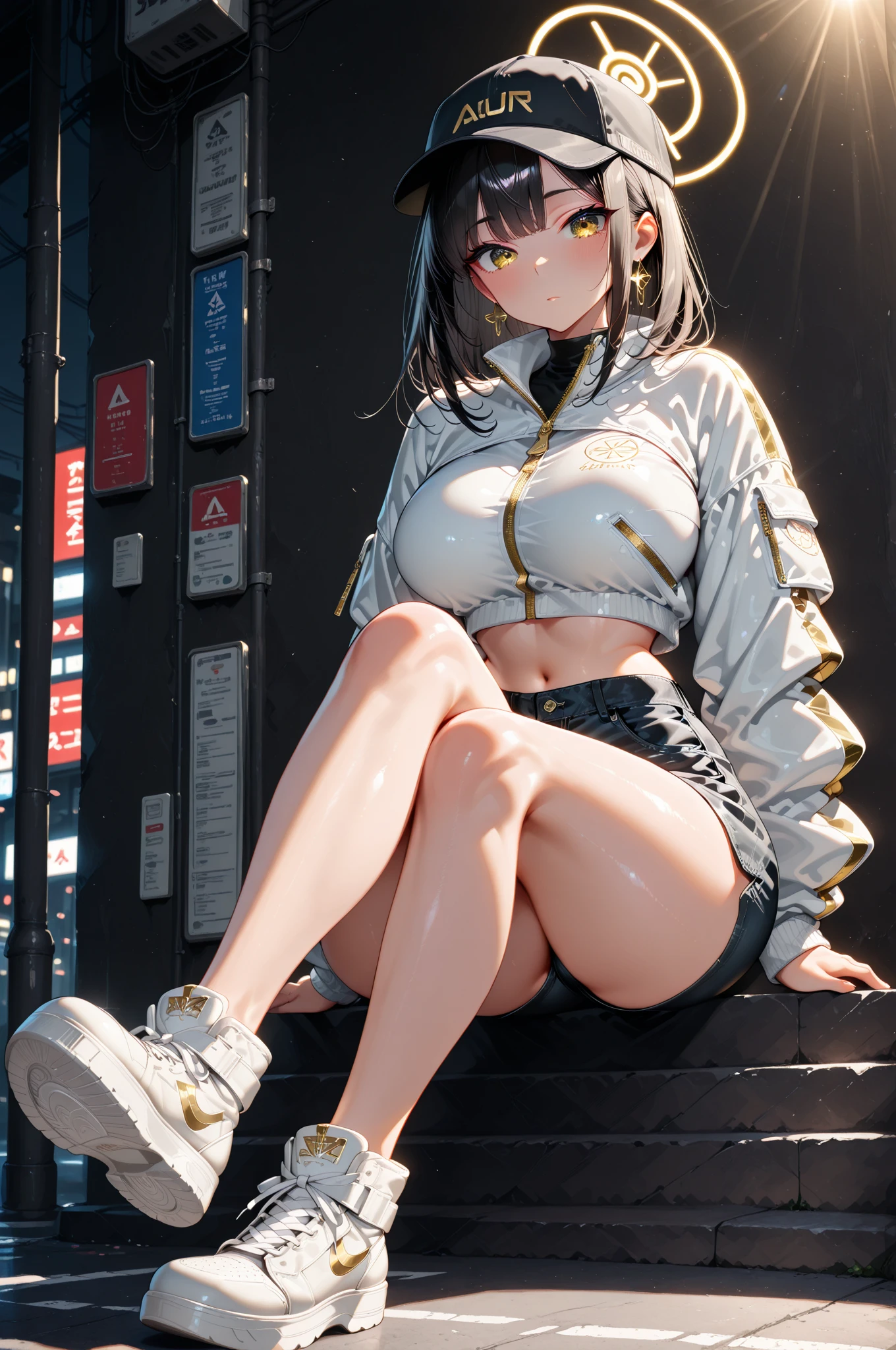 ((highest quality、High resolution、ultra detailed, 8K、masterpiece:1.8))、dynamic angle、I can see the whole body、wallpaper、1 girl、unparalleled beauty、ultimate beauty、super detailed face、delicate eyes、blue eyes, loving smile、sexy look、shirtlift tease, looking at the camera、Depth of bounds written、light particles、side light、ponytail、silver hair、white hoodie、black shortskirt, cropped hoodie underboob, Exposed underboob, huge breasts, white stockings, Sneakers、slim、slender、Street park ,