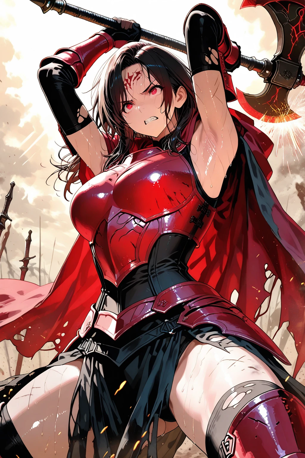 8K,(Asuna(stele): 1.6),One girl, Solo,(Perfect Anatomy:1.43), (Medium Hair:1.55) ,(half up:1.45),Bangs, Brown eyes,Fine eyes,(mournful smile:1.3),white thighhig,(Brown hair:1.6),Bloody boots,(18 years old:1.5),Full body,(Fusion of bloody white silver full-plate armor and a long cloak drenched in blood:1.63),(Bare shoulders:1.5),(Mini skirt:1.26),(Having one bloody rapier:1.43),(Standing on the battlefield in the pool of blood at night in the moonlight:1.52),Fantasy,(blood effect:1.53),POV,Eye-level view,(drop shadow:1.21)