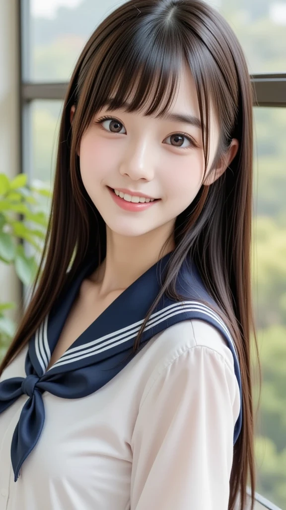 ((Sailor suit、Highest quality、masterpiece、High resolution))、(((Zoom photo from above)))、(A shy smile:1.2)、15-year-old female、Beautiful Skin、Beautiful Eyes、Cleavage、Blonde、ponytail