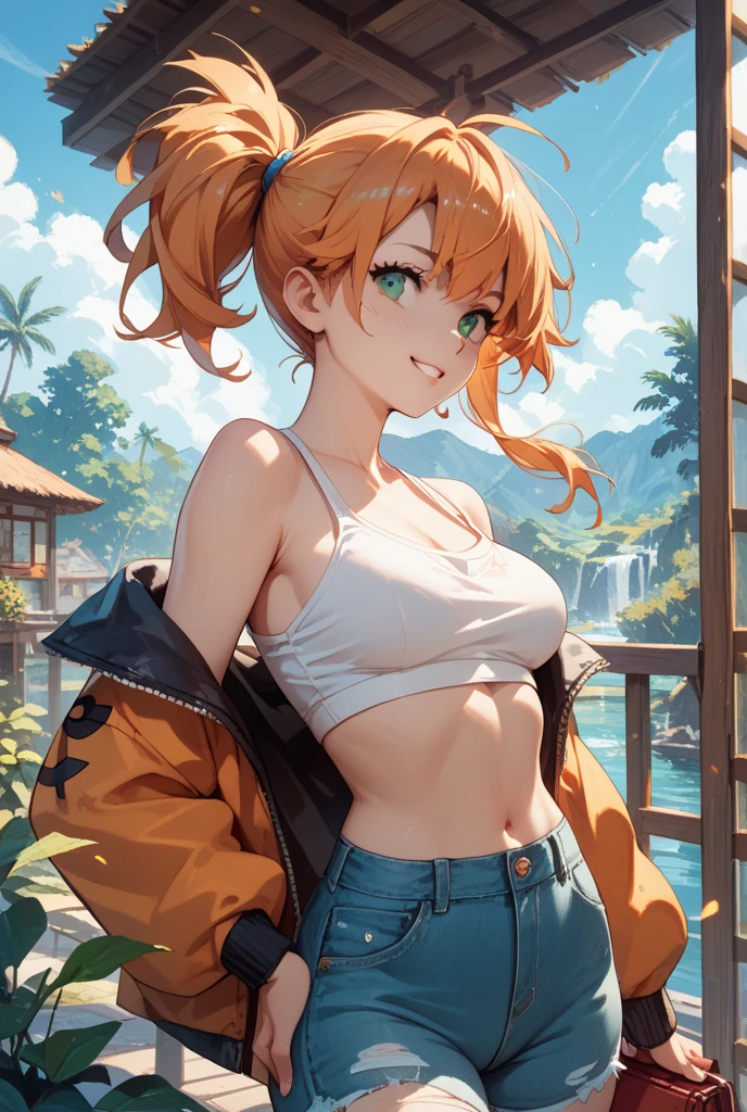 1girl, anime girl, anime, girl, 2d girl, 16y, (fullbody), standing, golden eyes, smiling, blush, (long hair, single ponytail, orange hair), ((black latex tank top, bare arms, bare shoulders)), ((cleavage, areolae, areola, areola exposed)), Solo, big , big breasts, nsfw, Tight Shorts, low waist shorts, upshorts, from below, flat terrain with mountains in the background, looking at viewer, darker shadows, (((explicit))), (((shorts))), (((absurdres))), (((thigh gap))), cameltoe, (((cameltoe))), (((cleft of venus))), (((lowleg shorts))),