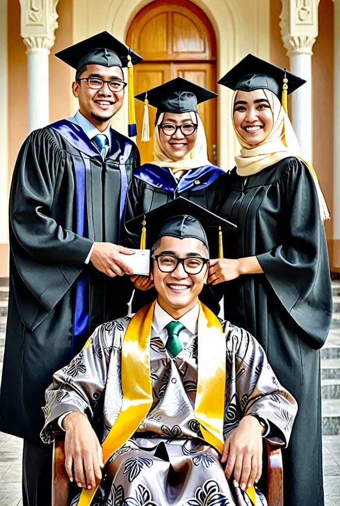 Happy scene of three Indonesian families celebrating the happy moment of graduation. The graduate is a young man on the left who sits in a luxurious silver chair with a high back. wearing a black toga hat with bright yellow tassels. Wearing black graduation attire with dark green motifs. Wearing a yellow scarf that says "Romadhon Dwi P. MI" with his hands hugging a dark blue diploma folder, smiling with a cheerful face facing the camera. Behind him is a 40 year old man wearing a black suit, cream tie and white shirt, smiling with his hands in his hands. shoulder of the woman sitting on the right. The woman on the right is 35 years old, wearing a stylish gray-beige patterned dress and a cream-colored hijab, sitting on a chair with a warm, motherly smile and glasses book. The three of them are close to each other. Capture the natural expression and details of the graduation moment (masterpiece), (best quality, very detailed skin and face), logo above "3D BANG ROMA".
