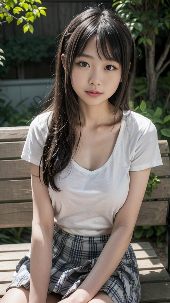 masterpiece, Highest quality，16K, Ultra-high resolution，The light and shadow of reality，Cinema Lenses，(Very skinny),(Very firm and beautiful breasts),((Very slim and white beautiful thighs)),((Her waist is so slim and beautiful)),((Very slim and beautiful arms)),((She is very slim and has a great figure)),((Beautiful big shining eyes)),((The face is very small)),((Beautiful white and shining skin)),((Cute Japanese Girls))(Denim and T-shirt)),((She is sitting on a bench in a stylish cafe.)),(Beautiful Eyes:1.1)， ((Medium shot scenes，Upper Body))，Dynamic Pose，A gentle goddess came with gentle steps,Clear eyes and a gentle smile,