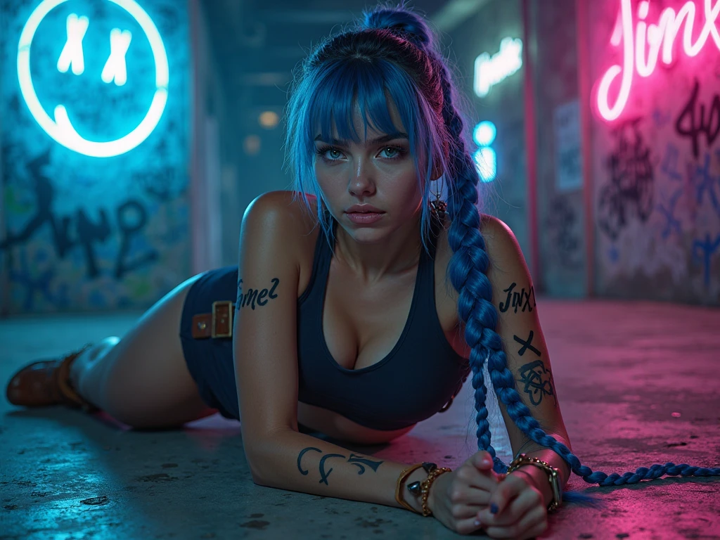 ((zoom in) Create a scene of a large wall painted with colorful paints simulating tattoos illuminated with neon by drawing the title Ai, ai my love