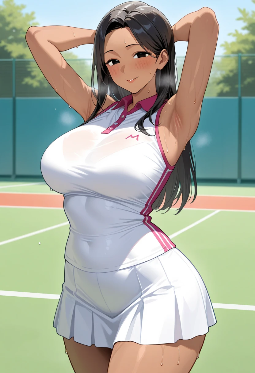 (masterpiece, Highest quality:1.2), Violet, Rosacea, Very sexy woman,Sleeveless tennis wear:1.3, (((Huge breasts:1.3))), Curved body, Beautiful Face, 8K, 85mm Portrait, Upper Body, (Face close-up:0.8), (Tight clothing:1.6), (White tennis wear:1.5), Stylish pose, Small Head, Squeeze the waist, View your viewers, mini skirt, (Put your arms behind your back, Empty-handed:1.4), Arched back, Thin arms, Narrow waist, No makeup, Sophisticated, Face Light, Bright lighting, Film Grain, chromatic aberration, Sharp focus, Shiny skin, smile, tennis field, (Bokeh Background:1.2), Simple Background, ((Navel exposed:1.3))、Soft abdominal muscles are fully visible, (Anime cel style),