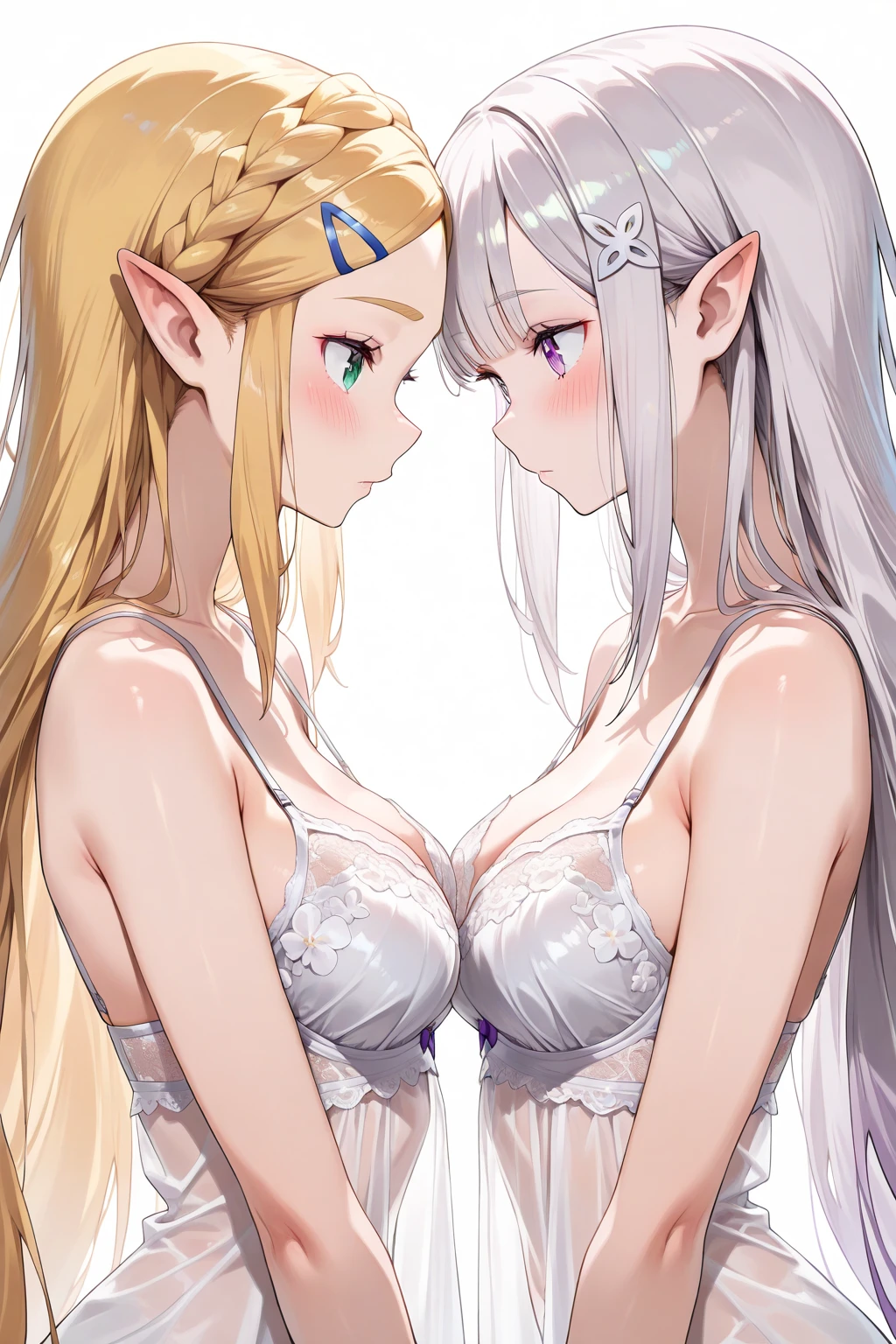 Duo, two short human identical twin sisters with long silky white hair. Both have big glowing green eyes, a sharp jawline. Muscularly lean slim bodies, low body fat percentage, big lifted breasts, defined forearms, big pronators, muscular legs, both wearing the same black lingerie in bed. White skin.