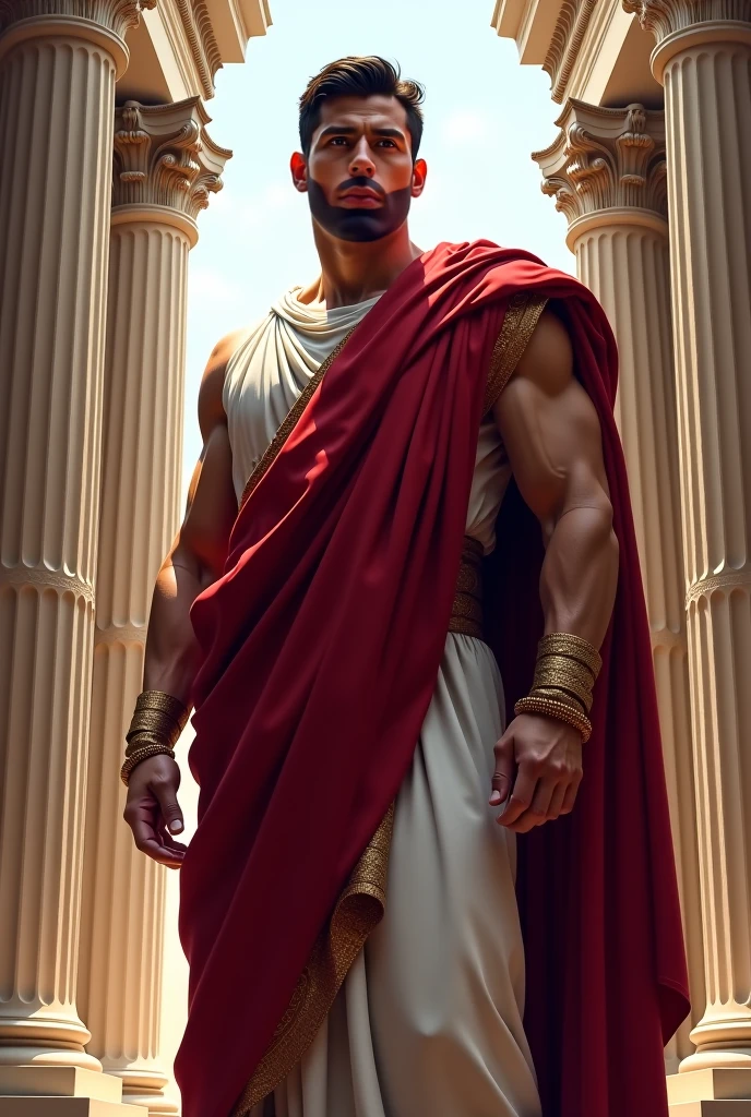"Transform your concept into an incredible image: a strong, stoic man, inspired by the Stoic era. His features are striking and classic, with a focused expression that conveys wisdom. He is wearing a Roman toga showing off his muscles, with marble details and Roman architectural elements in the background, creating an imposing and timeless image. The sunlight shines on him, highlighting his strength and serenity."