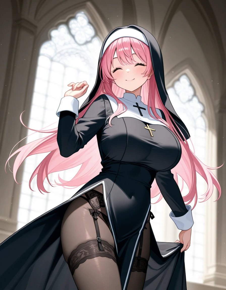 Best quality at best, tmasterpiece,Best quality at best,offcial art,Extremely detailed 8k wallpaper, Cloudy, On a meadow,, lewd nun, Hair over the shoulder, with pink hair,, heart - shaped pupils, a pink eyes, eyes with brightness, huge tit, bouncing breasts, black pantyhoses,Over-the-knee boots,