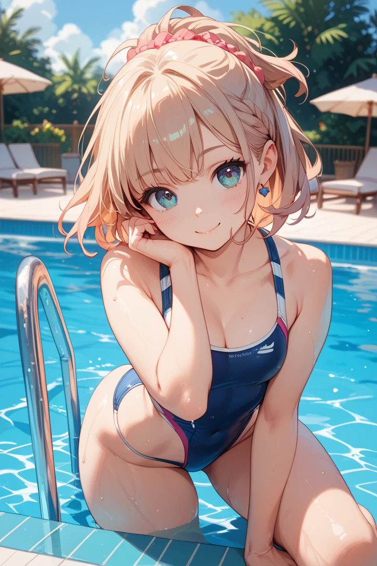 (masterpiece:1.3), (8K、best quality:1.3), Highest image quality, intricate details, high resolution, depth field, Natural light, professional lighting, (1 girl), (solo), gravure, (very beautiful girl from norway), (very beautiful:1.3), (very cute face:1.3), (Beautiful face with perfect symmetry), (high detail skin: 1.2), Rendering of anime girls, Beautiful platinum blonde hair bob cut, hair is messy, intense blue eyes, strong eye highlights, (detailed and natural breasts), perfect anatomy, very beautiful 14 year old girl cartoon, wonderful smile, cheeks are red, old style school swimwear, navy blue school swimsuit, ((wet state)), ((from the front)), summer daytime outdoor pool, jumping in the pool, Angle from feet, volume lighting, soft light, bright, neon, Bright colors, watercolor painting, bright色, Create digital artwork in pop art style