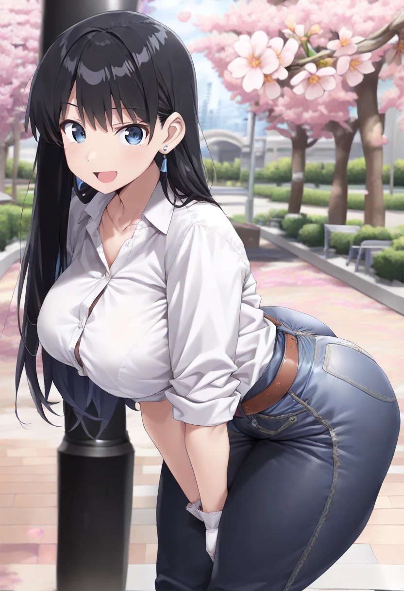 Anime Kawaii sexy Perfect Slim sensual body large breast and huge thighs, An intricate and highly detailed illustration of anime (Young girl). (8k、Superior image quality、Maximum quality、Masterpiece artwork)、A detailed face、1 girl in、A brunette、hypdertailed、clear blue eyes、piercings、sorriso nefasto、very Bigger breasts、white shirt、sleeveless、Broad Hips、light blue denim、Long pants、cowboy shot、put your hands on your hips、ass pov、city background