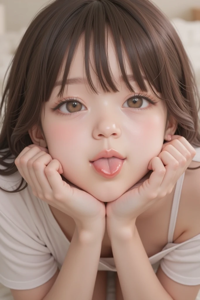 Bathrobes,(open mouth:1.5),(tongue out:2),lying,hand between legs,overhead shot,front view,face focus,(1girl,Beautiful 14 year old girl,teenager),((Slender,Small breasts,Small face,)),(looking at viewer),Black Hair,bangs,one side up,Beautiful and detailed,(Dimly lit room:1.5),White bed,pillow,Mischievous smile